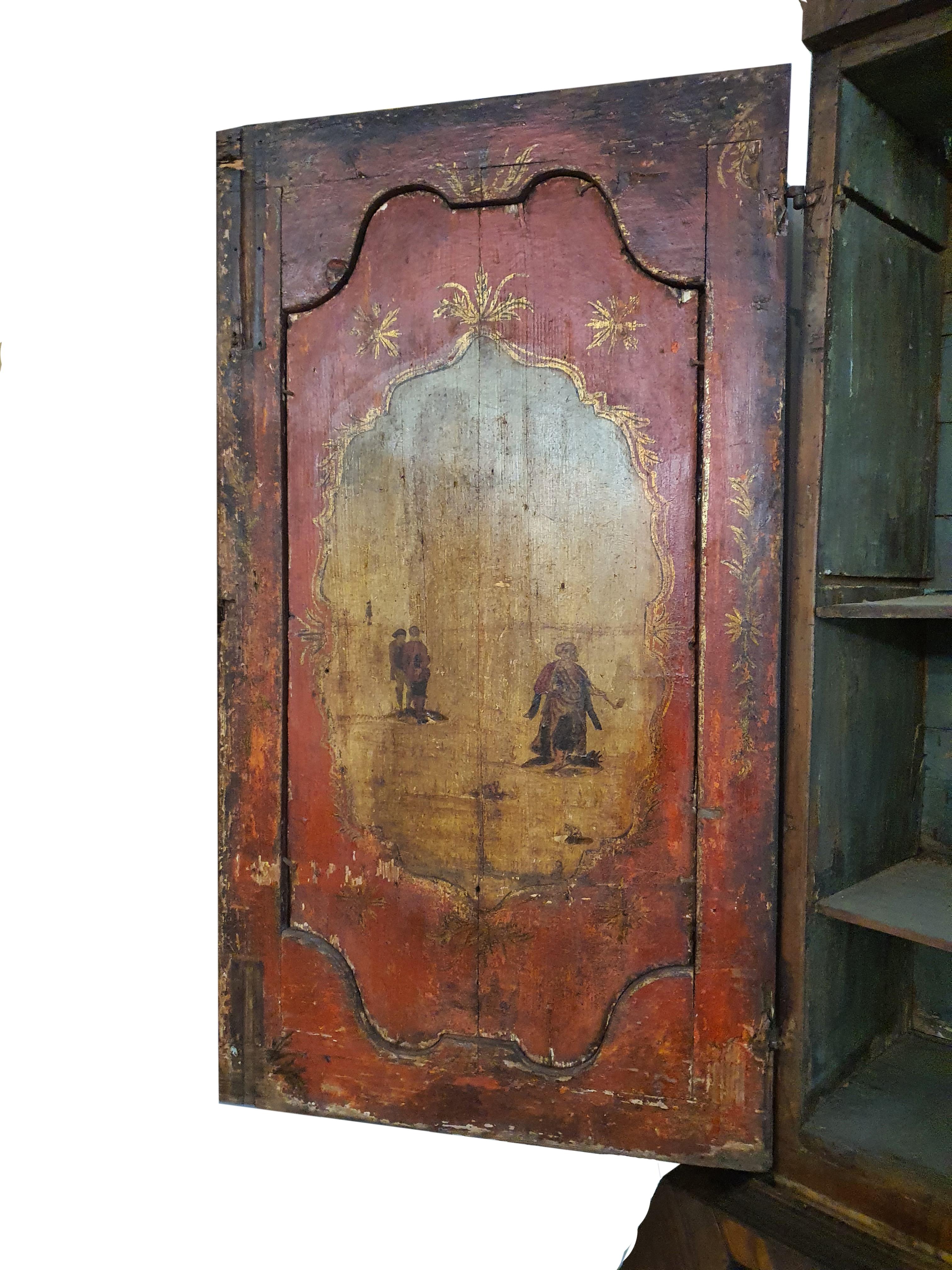 18th Century Louis XIV Italian Secretary Cabinet Walnut Painted Doors For Sale 2