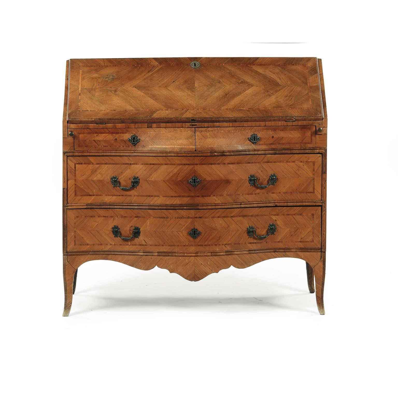 18th Century Louis XV Bureau Italian Genoese Walnut Marquetry Drop-Front Desk For Sale 14