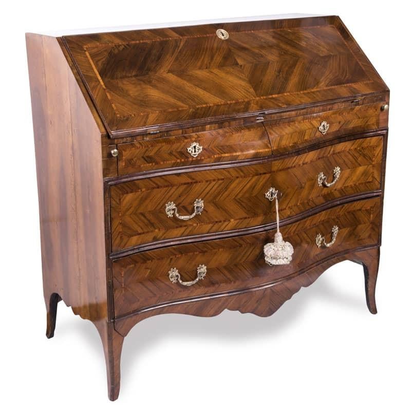 Veneer 18th Century Louis XV Bureau Italian Genoese Walnut Marquetry Drop-Front Desk For Sale