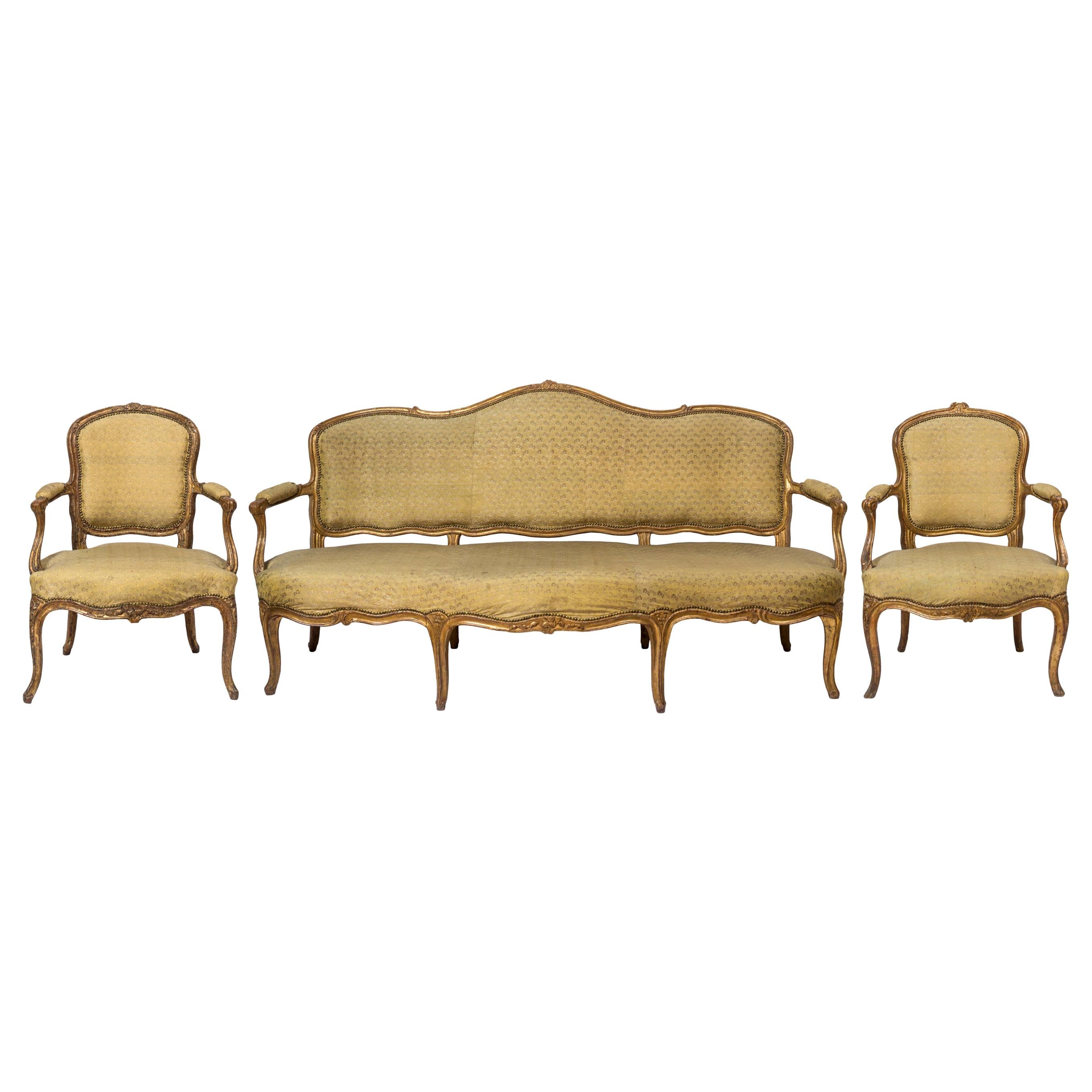 18th Century Louis XV Canapé / Sofa Set with Matching Armchairs, Original Silk