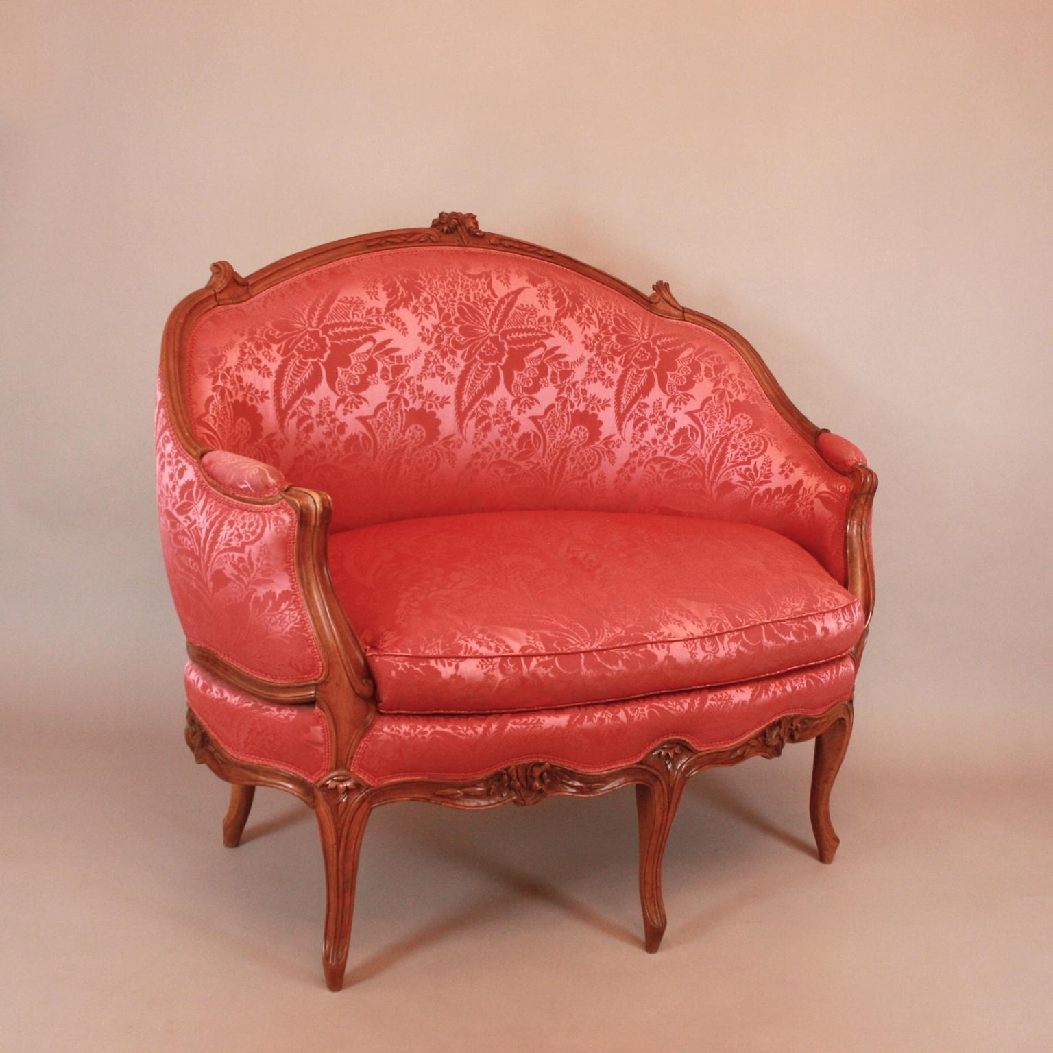 18th Century French Louis XV Carved Walnut Red Silk Settee 'Canape en Corbeille' 6