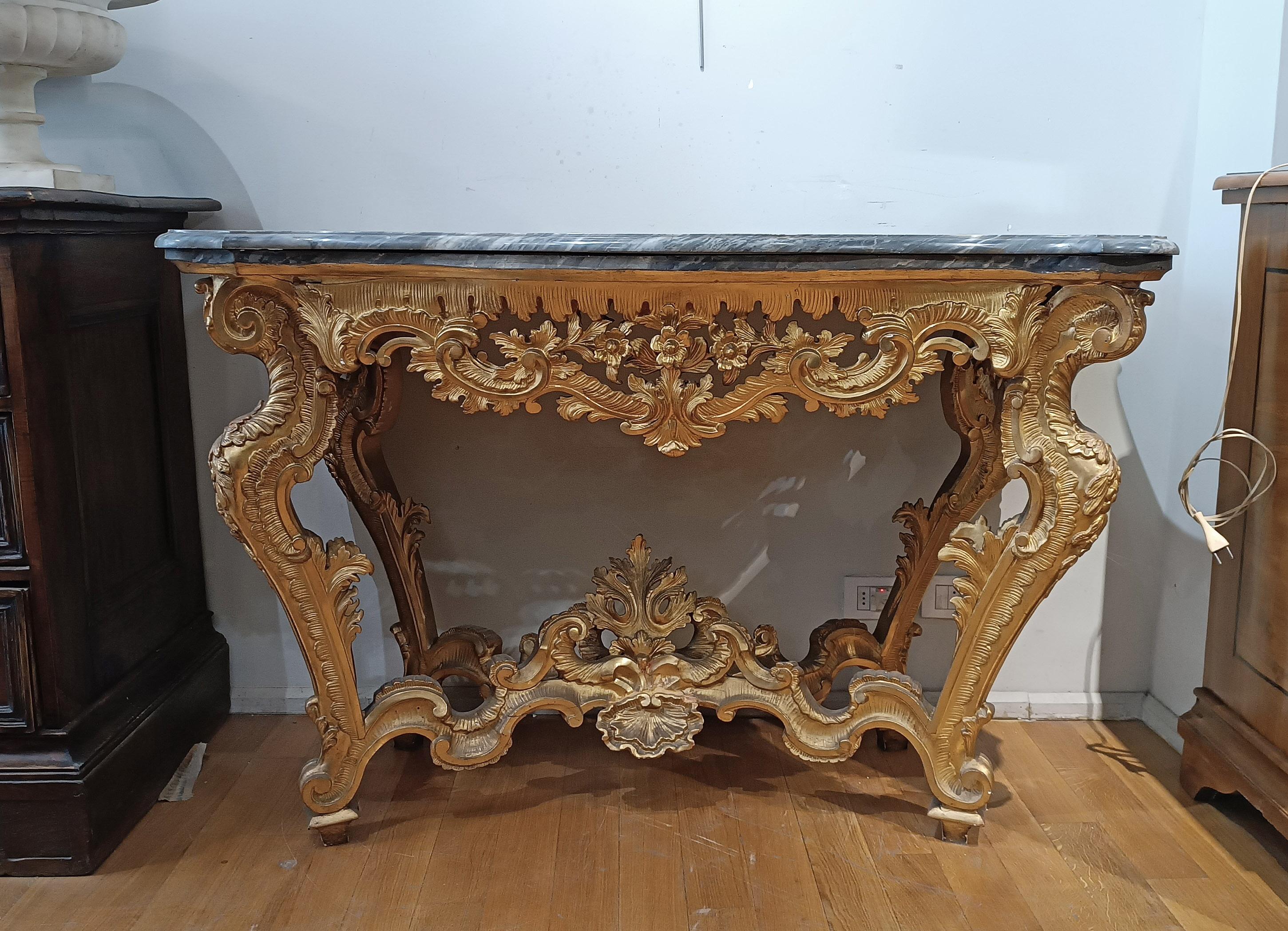 18th CENTURY LOUIS XV CONSOLLE IN GOLDEN WOOD AND BARDIGLIO MARBLE For Sale 3