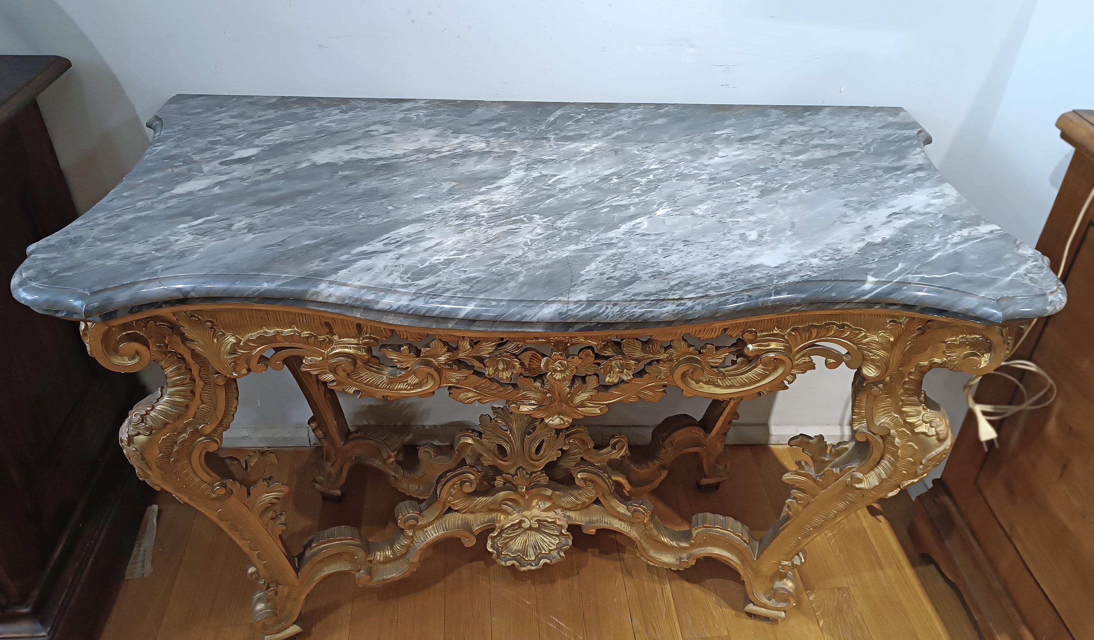 lOUIS XV KONSOLLE DES 18. JAHRHUNDERTS AUS GOLDEM HOLZ UND BARDIGLIO-MARBEL im Angebot 4