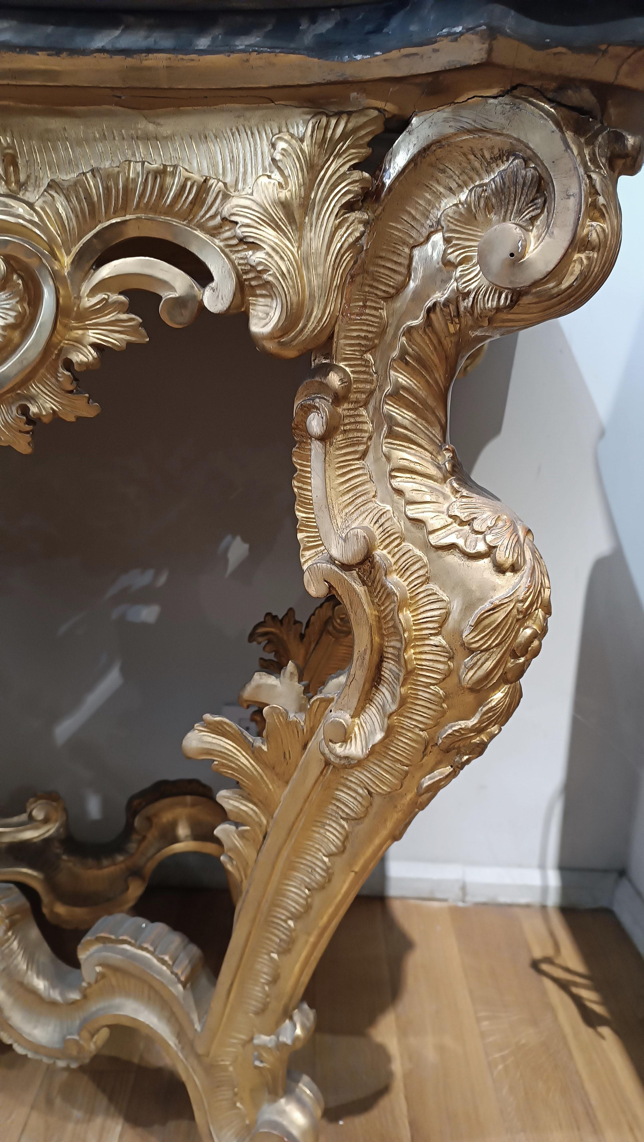 lOUIS XV KONSOLLE DES 18. JAHRHUNDERTS AUS GOLDEM HOLZ UND BARDIGLIO-MARBEL im Angebot 5