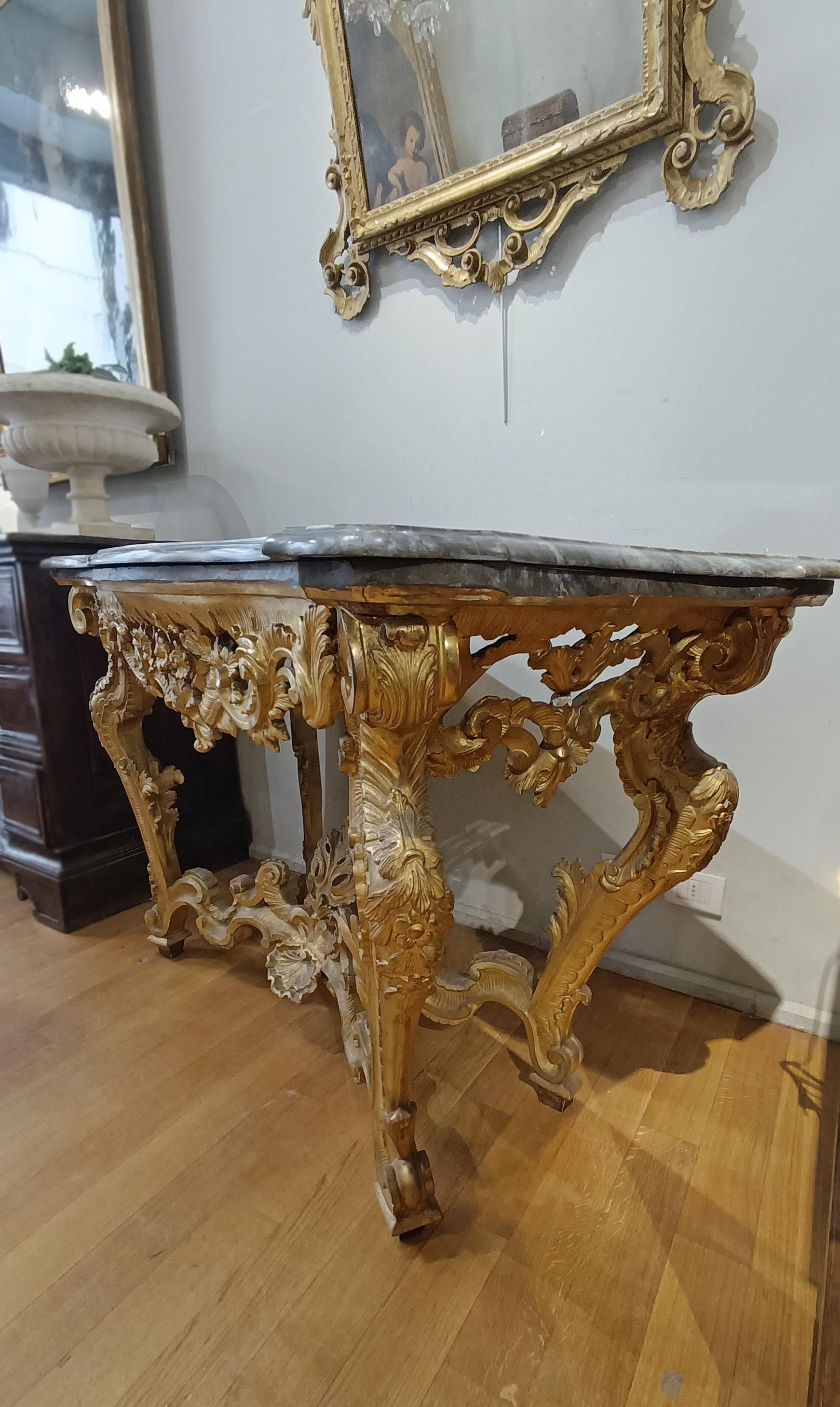 Louis XV 18th CENTURY LOUIS XV CONSOLLE IN GOLDEN WOOD AND BARDIGLIO MARBLE For Sale