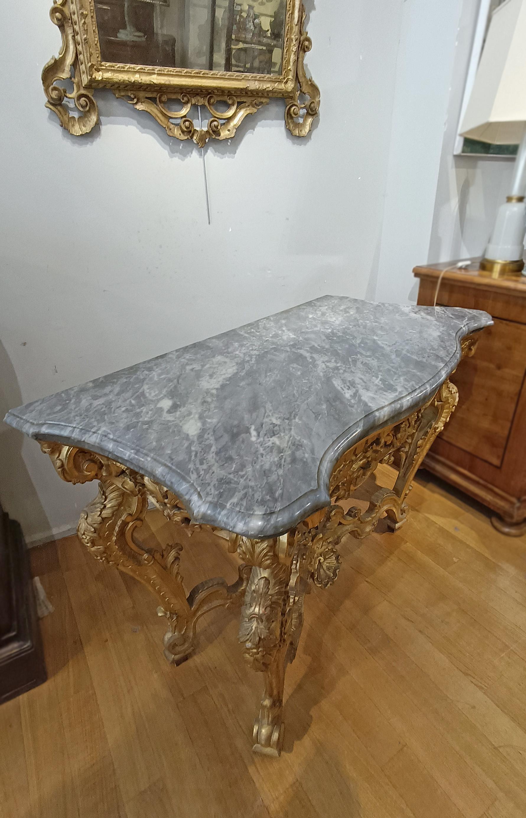 Italian 18th CENTURY LOUIS XV CONSOLLE IN GOLDEN WOOD AND BARDIGLIO MARBLE For Sale