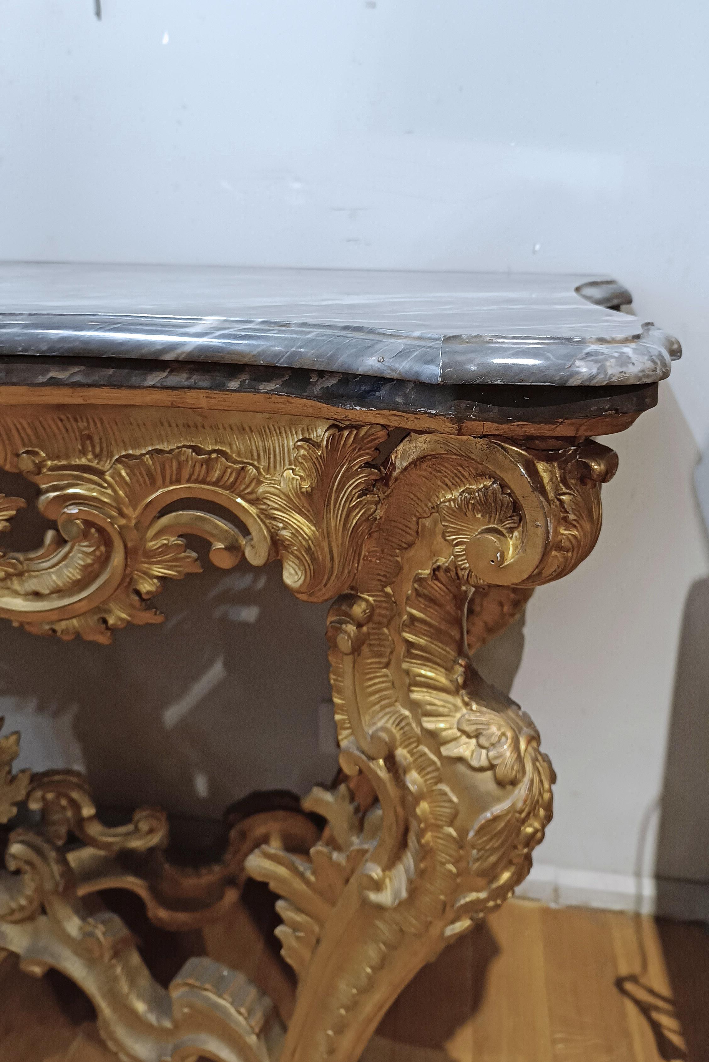 18th Century 18th CENTURY LOUIS XV CONSOLLE IN GOLDEN WOOD AND BARDIGLIO MARBLE For Sale