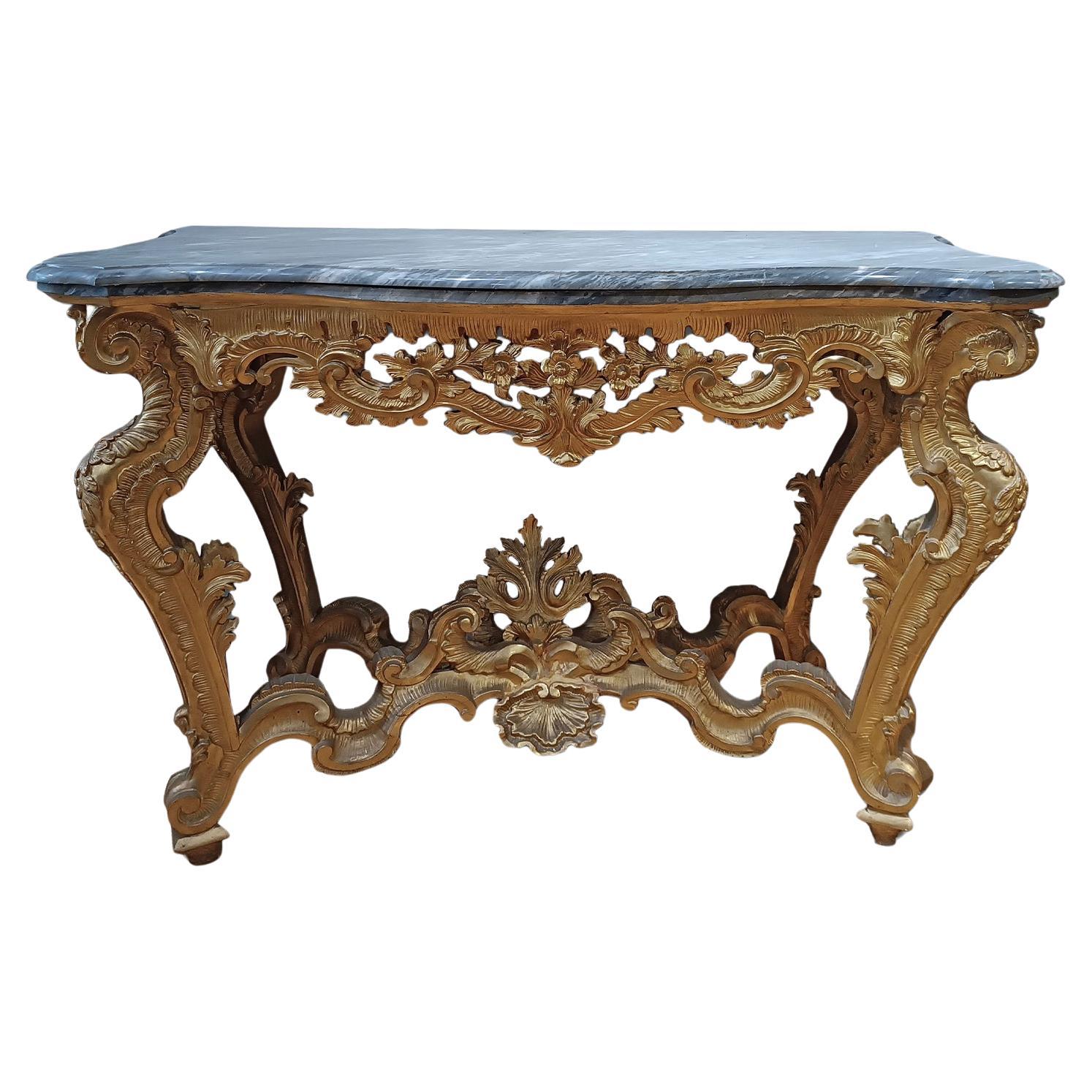 18th CENTURY LOUIS XV CONSOLLE IN GOLDEN WOOD AND BARDIGLIO MARBLE For Sale