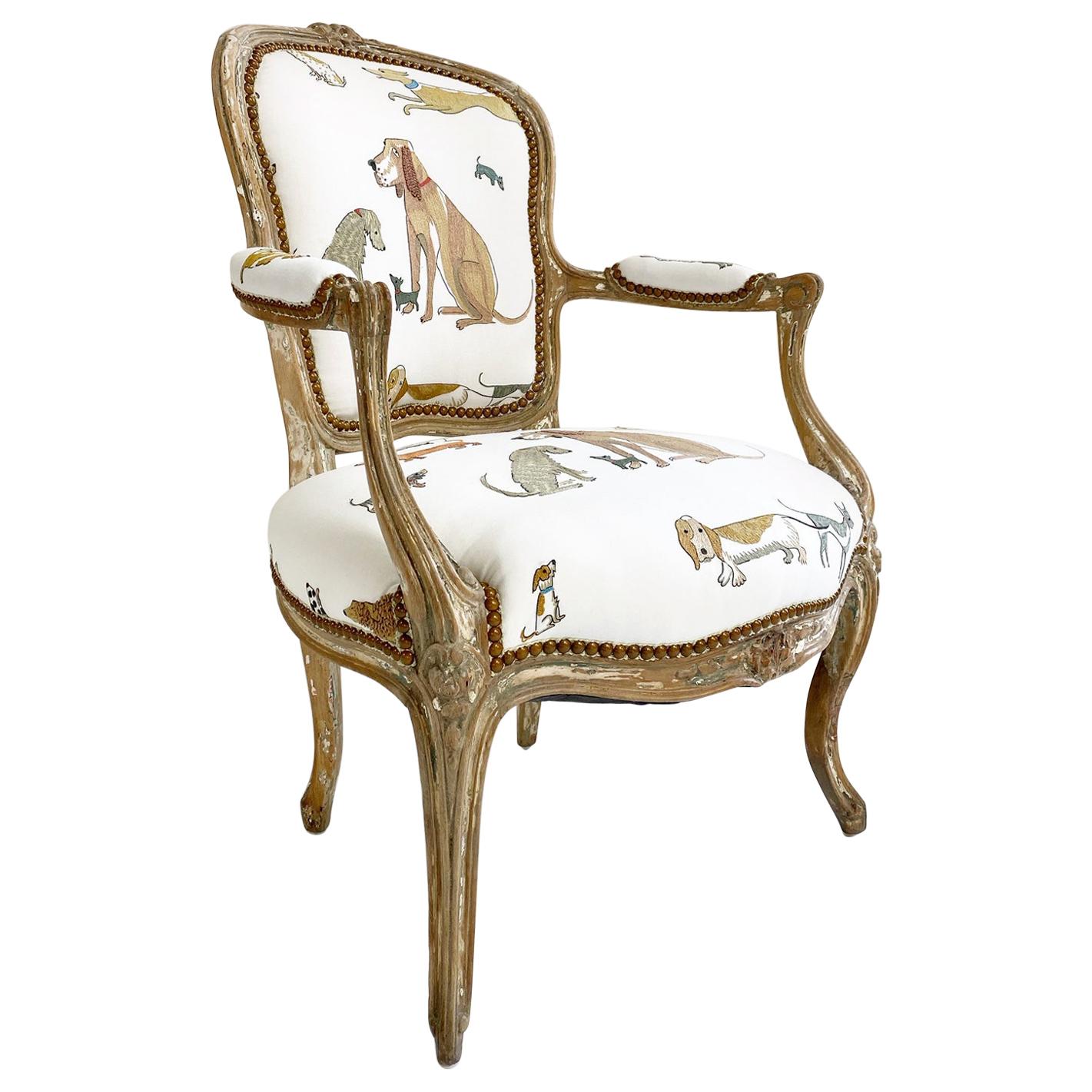 18th Century Louis XV Fauteuil in Chelsea Textiles 'Dogs Socialising'