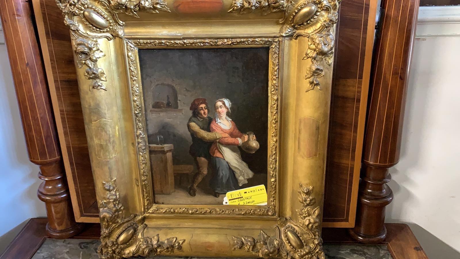 Small picture of Flemish school, Classic scene of tavern life, excellent hand of the painter, the painting is signed in the lower right corner, for the moment we have no attribution, it is being studied, circa 1750-1760. Golden frame. The painting