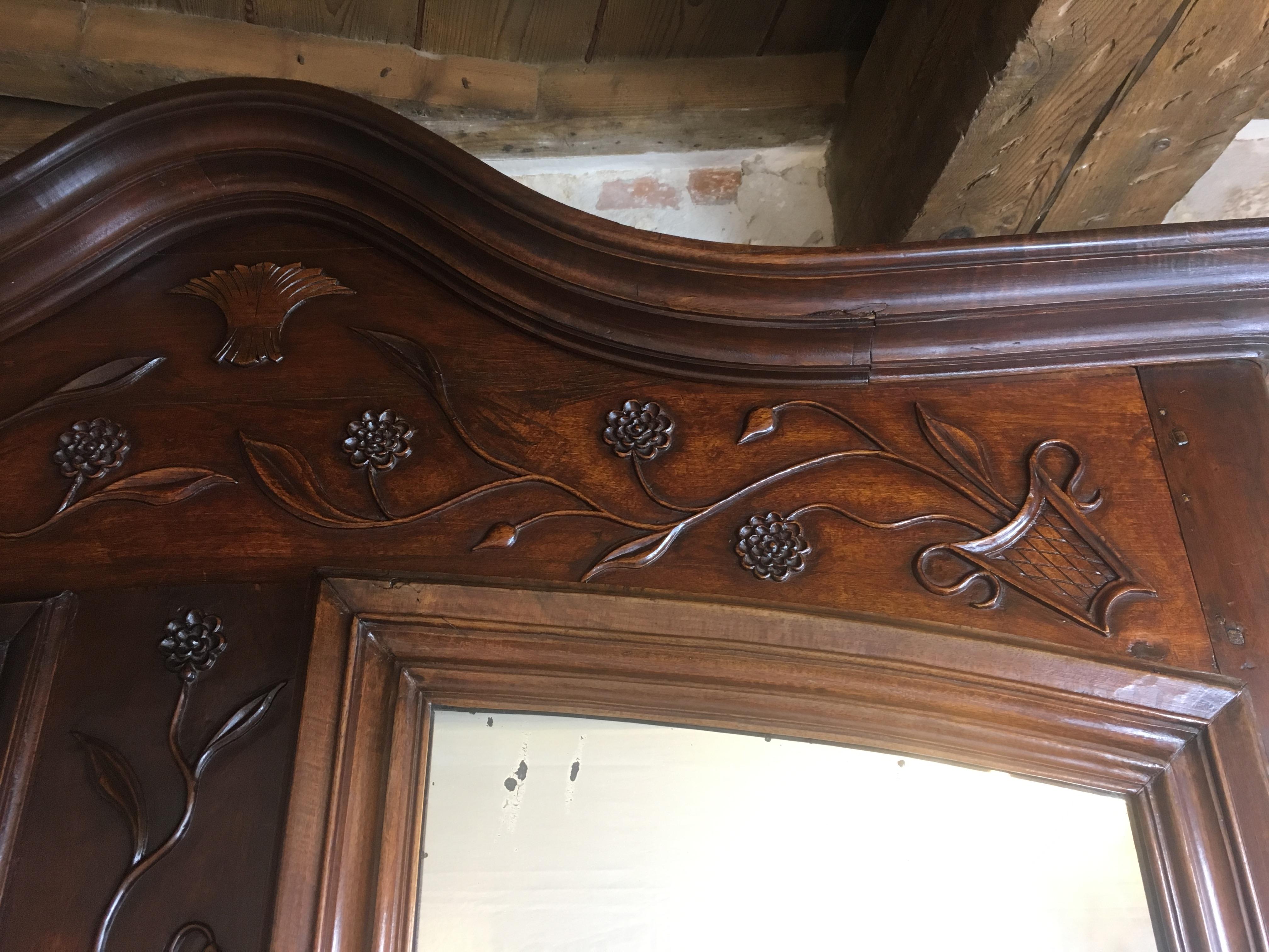 Brass 18th Century Louis XV French Carved Walnut Armoire or Wardrobe, Large and Rare For Sale