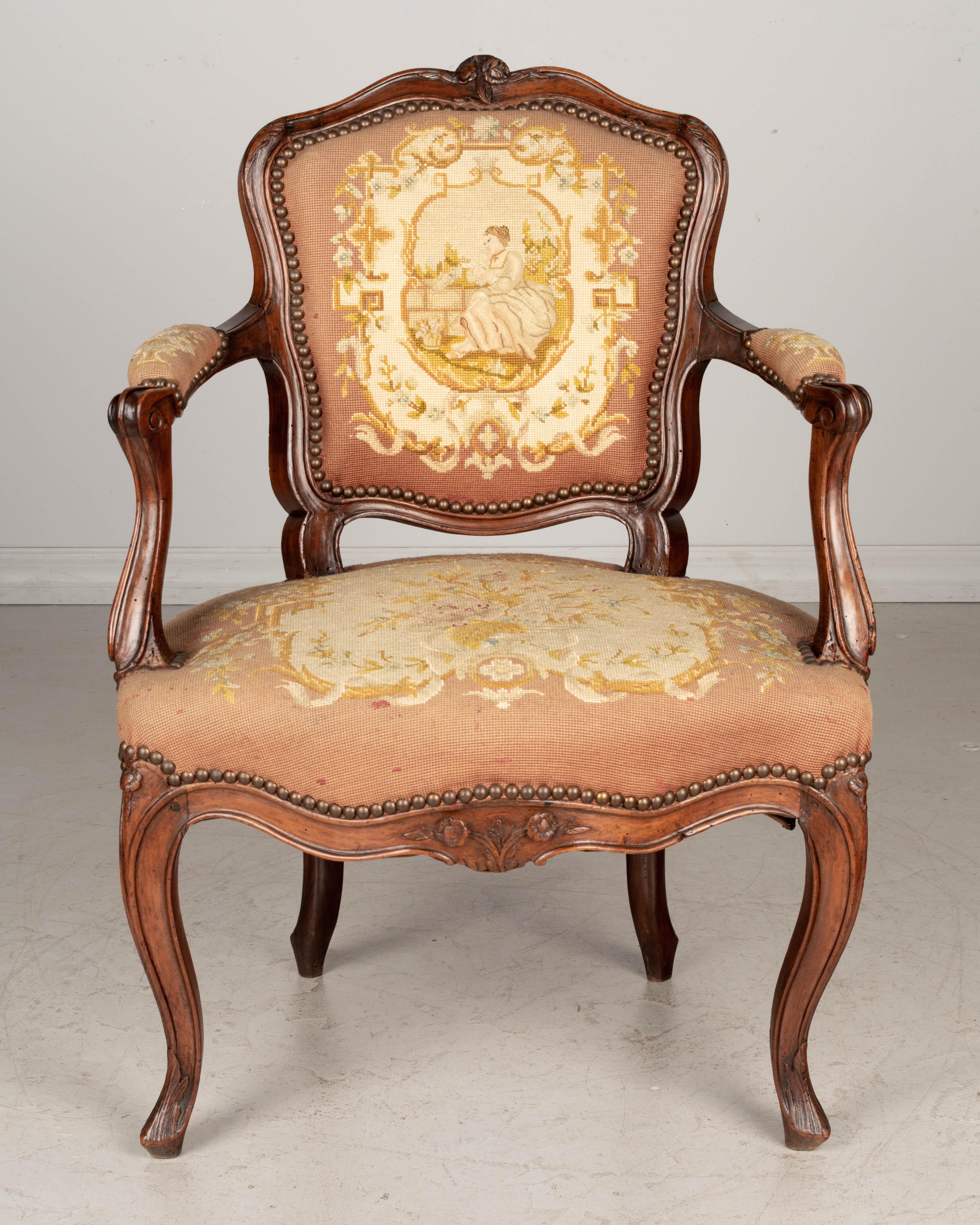 Hand-Crafted 18th Century Louis XV French Fauteuil Armchair For Sale