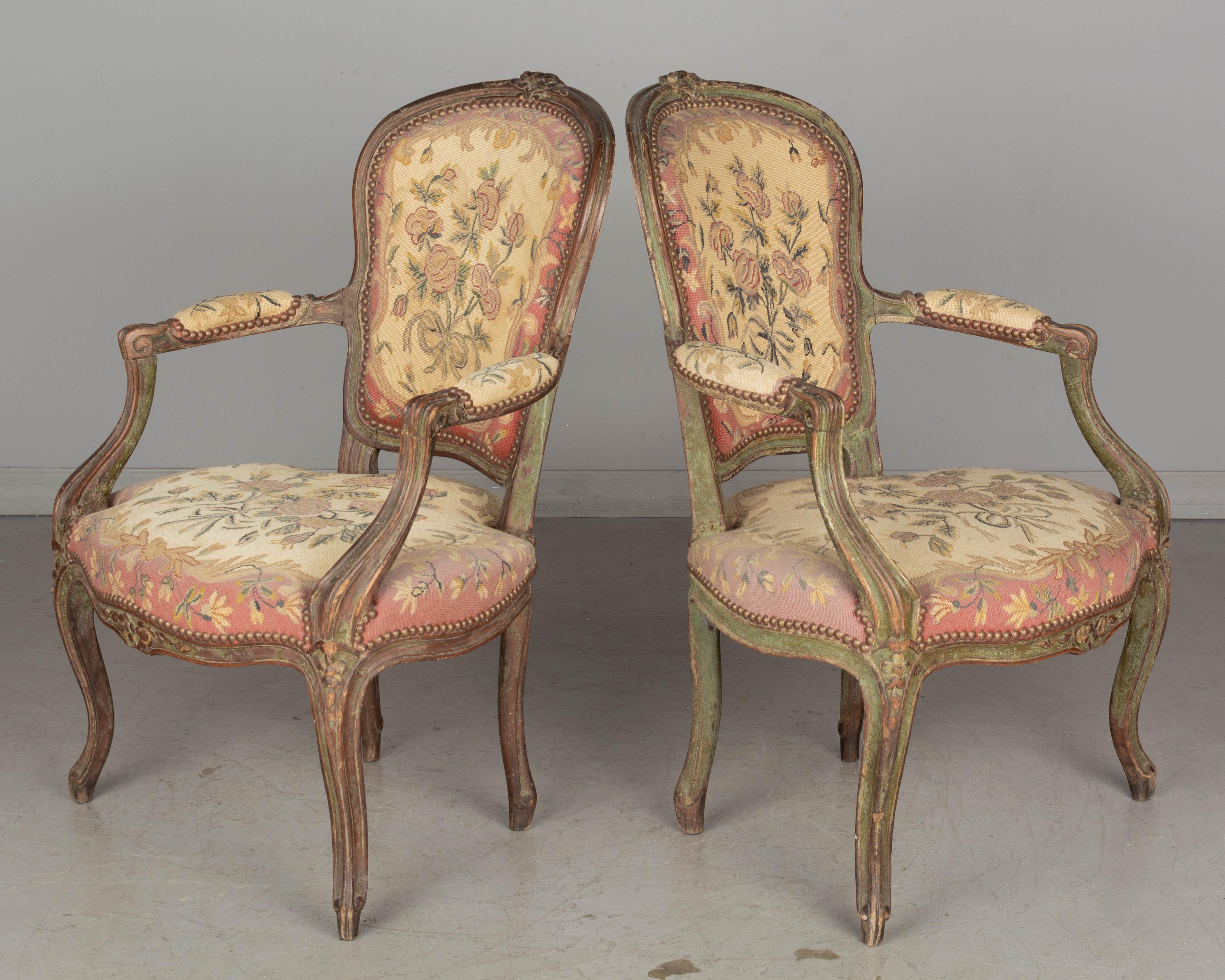 Hand-Crafted 18th Century Louis XV French Fauteuil Armchairs, a Pair