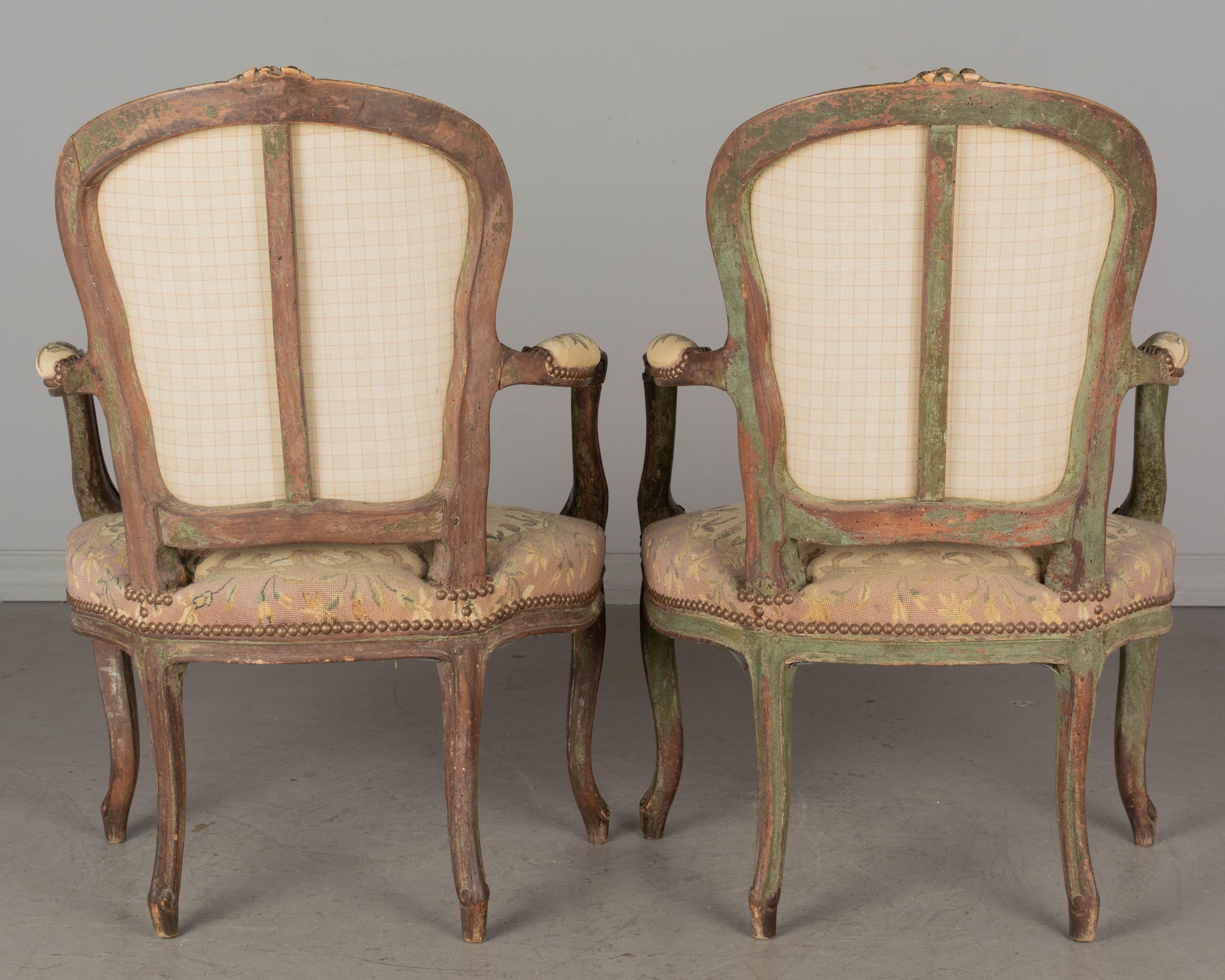 Tapestry 18th Century Louis XV French Fauteuil Armchairs, a Pair
