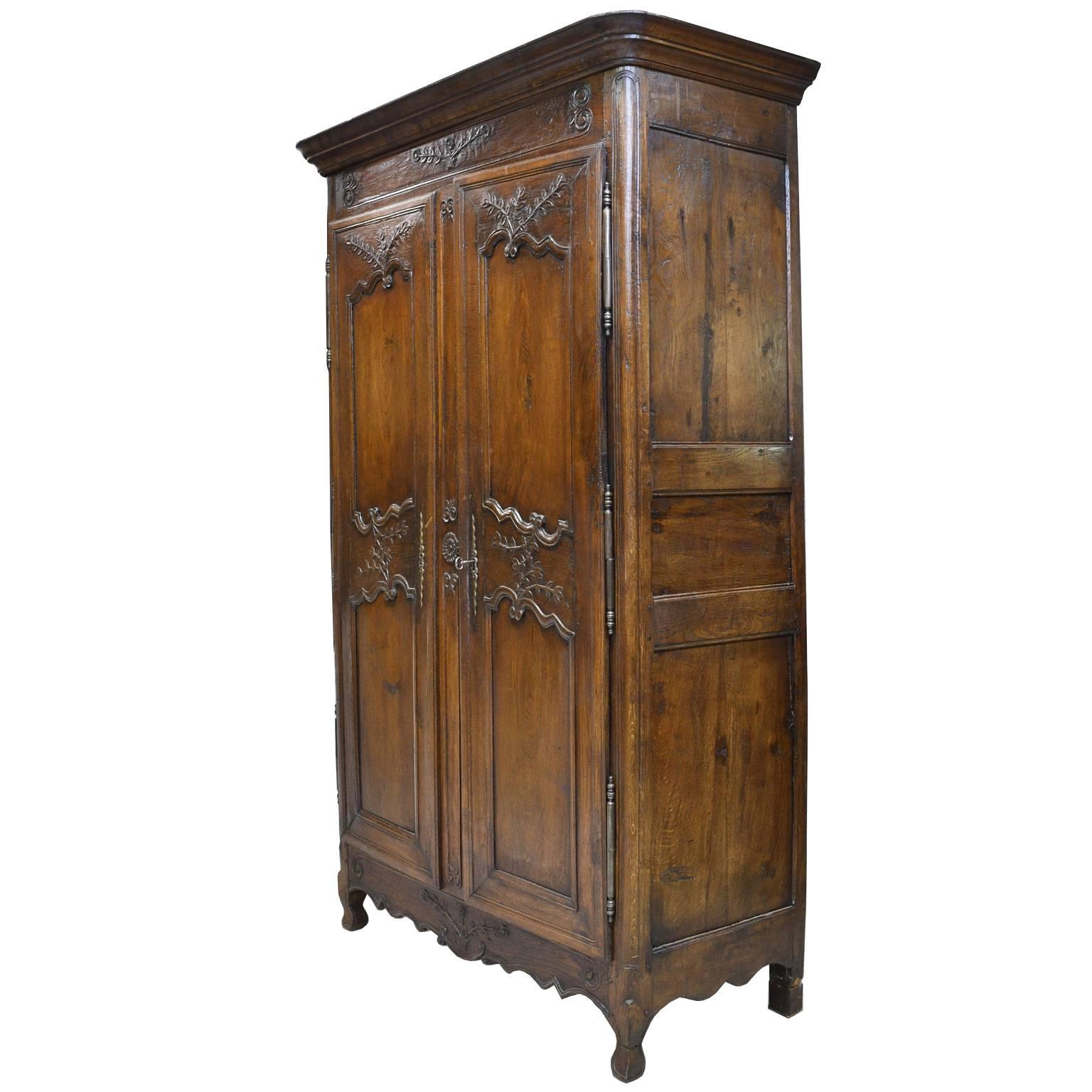 Hand-Carved 18th Century Louis XV French Provincial Carved Oak Armoire