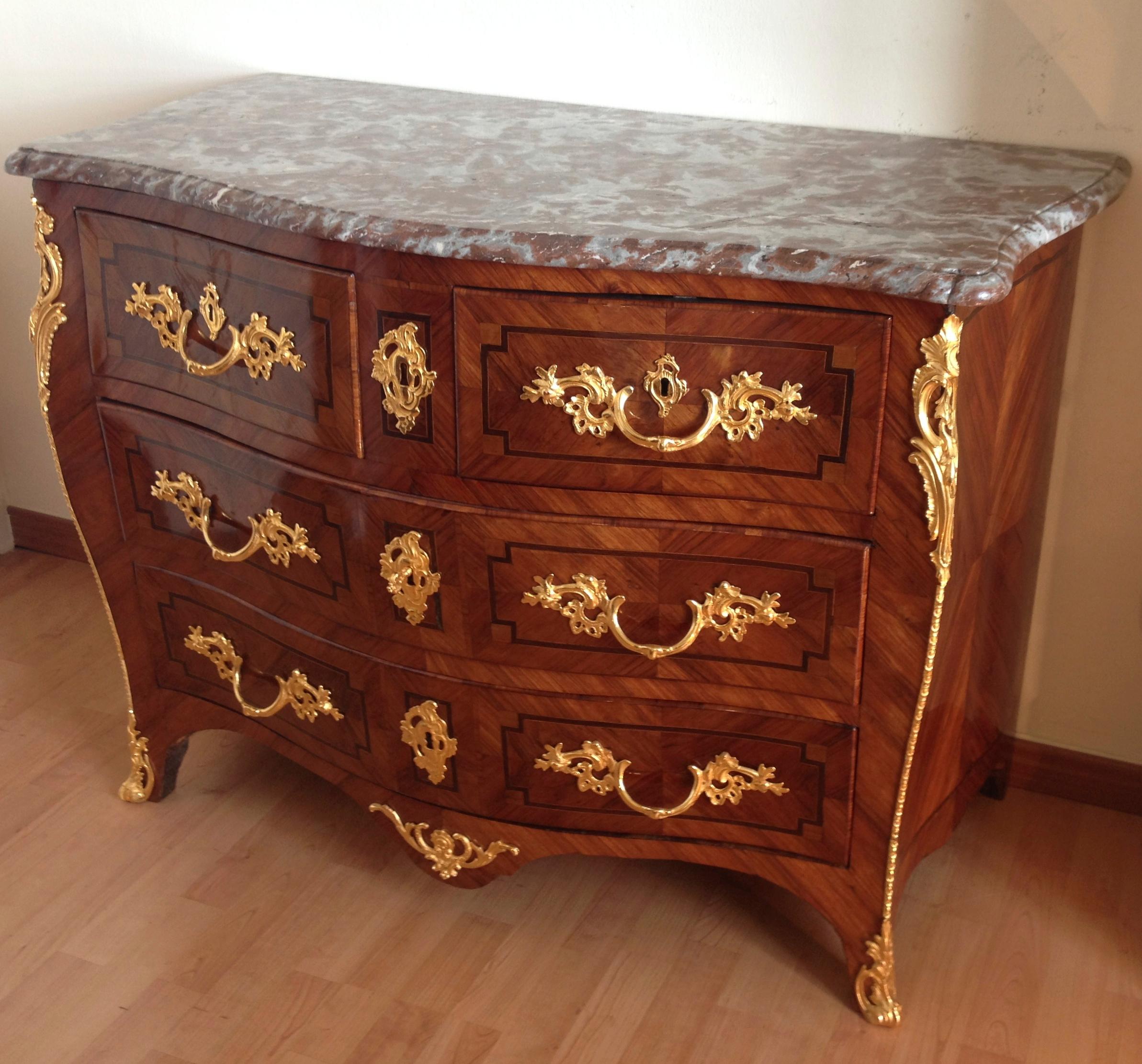 Important and very fine French Louis XV style commode or chest of drawers stamped 'P. Roussel' (Pierre Roussel 1723-June 7, 1782 ). This commode with its three rows of drawers bears the maker's stamp of Pierre Roussel and is of characteristic rococo