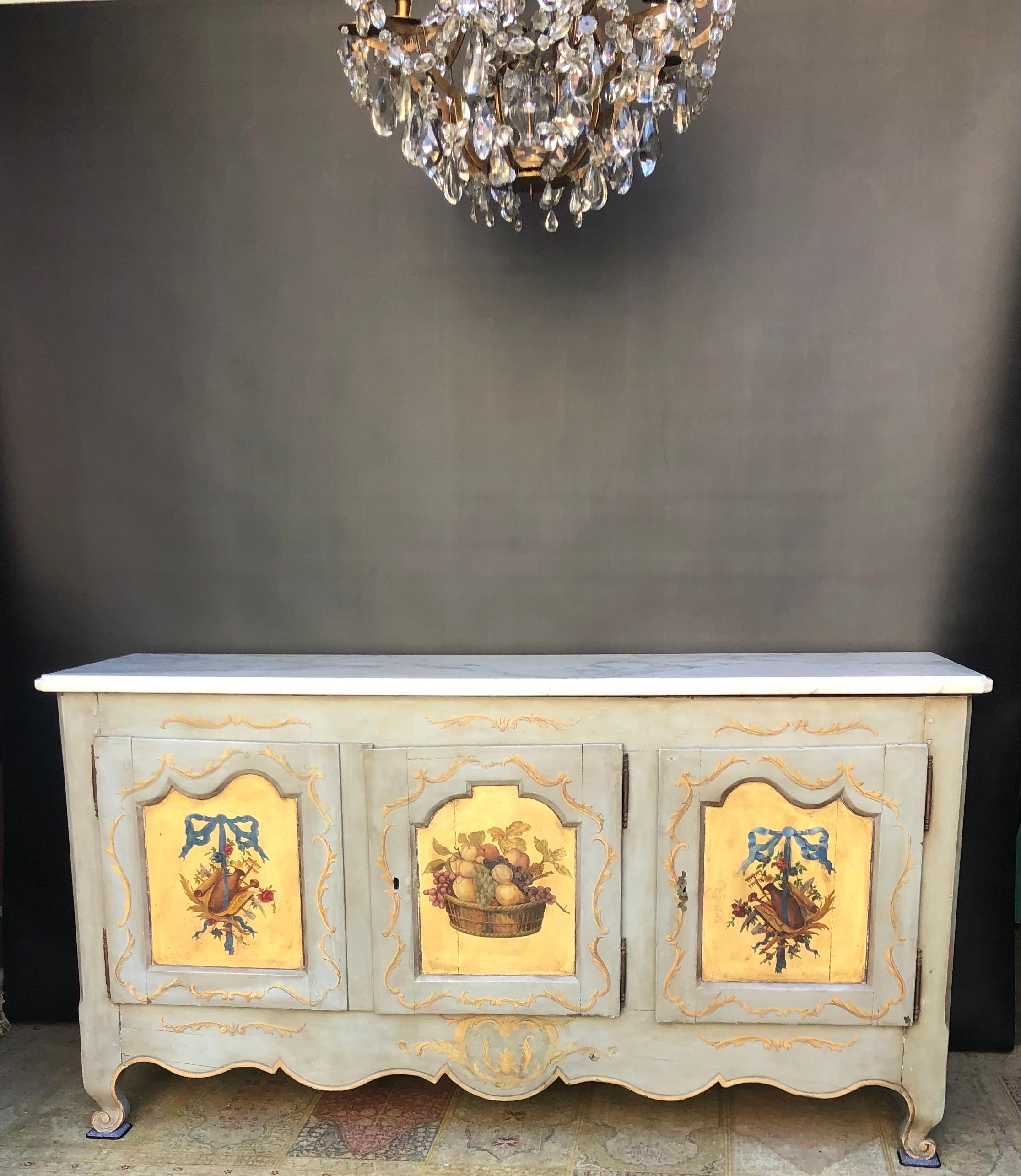 French Provincial 18th Century Louis XV Hand Painted Marble Top Enfilade / Buffet 