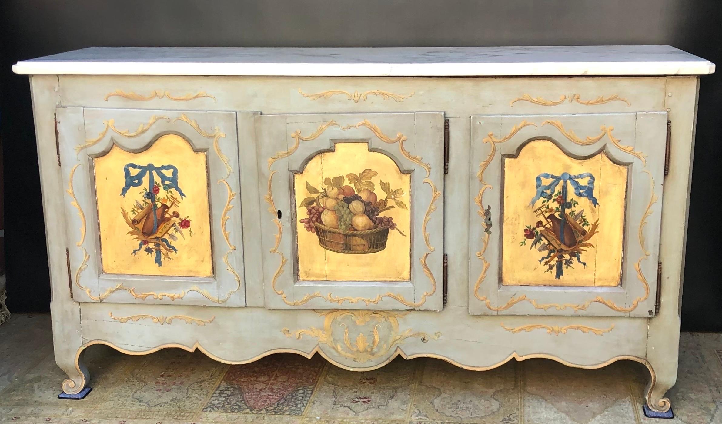 French 18th Century Louis XV Hand Painted Marble Top Enfilade / Buffet  For Sale