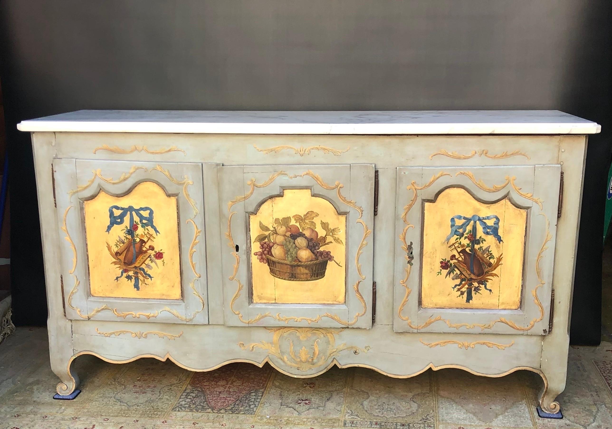 Hand-Carved 18th Century Louis XV Hand Painted Marble Top Enfilade / Buffet  For Sale
