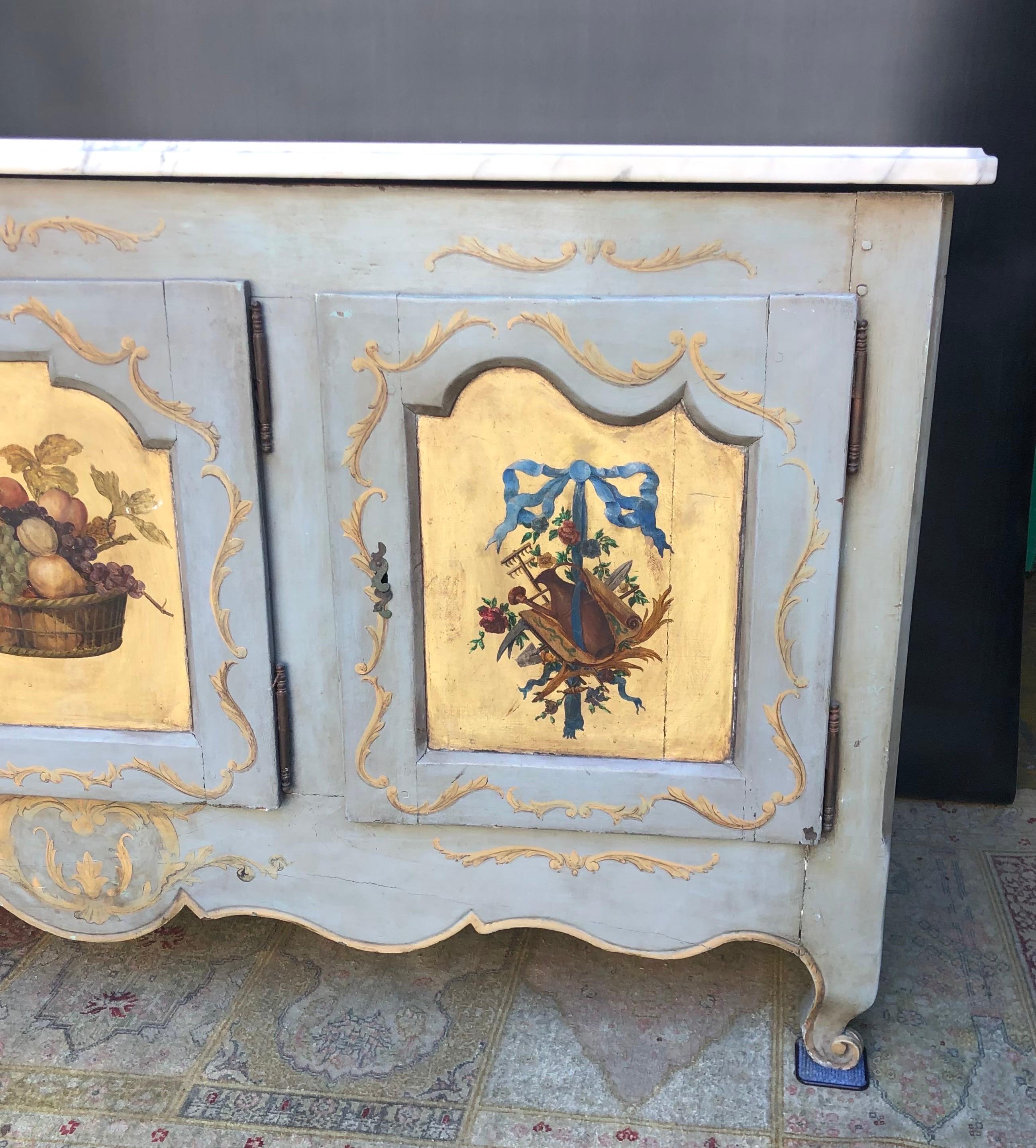 18th Century Louis XV Hand Painted Marble Top Enfilade / Buffet  In Good Condition For Sale In Charleston, SC