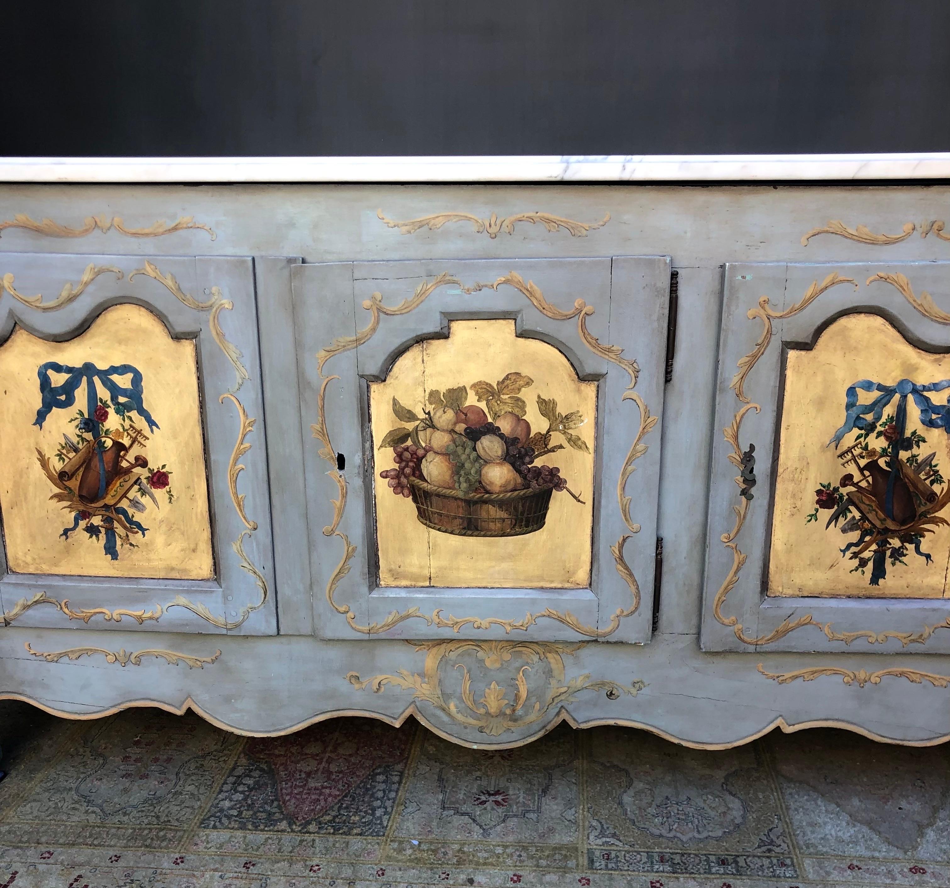 18th Century and Earlier 18th Century Louis XV Hand Painted Marble Top Enfilade / Buffet  For Sale