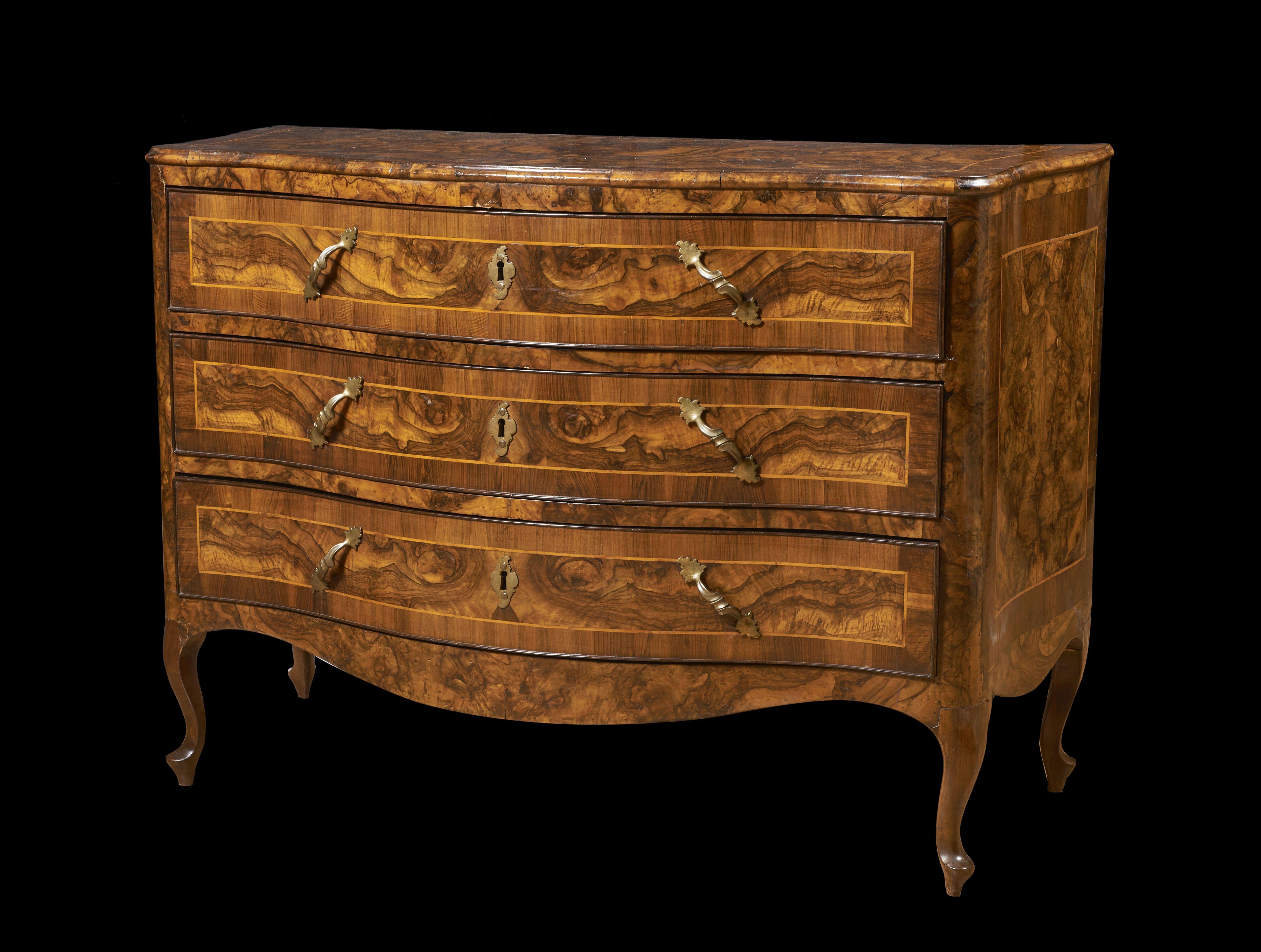 Hand-Carved 18th Century Louis XV Italian Chest of Drawers Walnut Commode High Leg For Sale