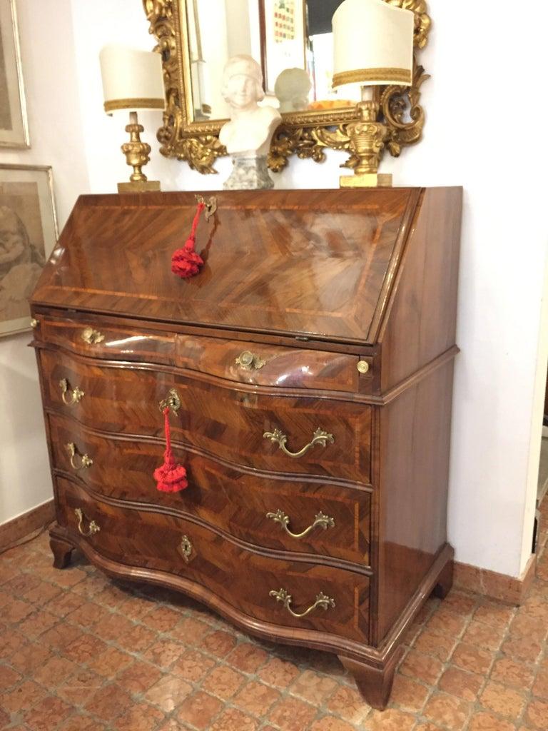 18th Century Louis XV Italian Drop Front Bureau Genoese Marquetry Cabinet In Good Condition In Milan, IT