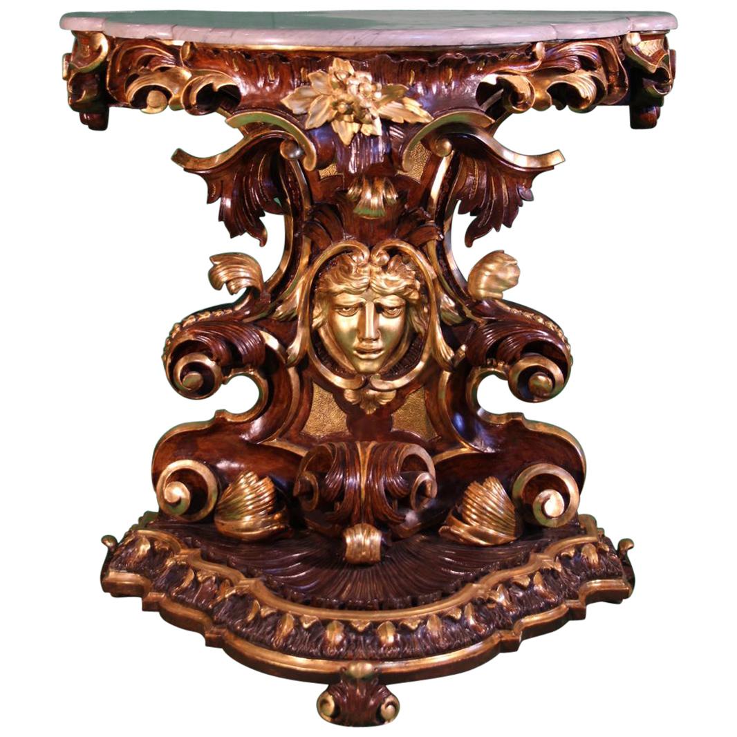 18th Century Louis XV Italian Roman Giltwood Console Table with Marble, 1750s