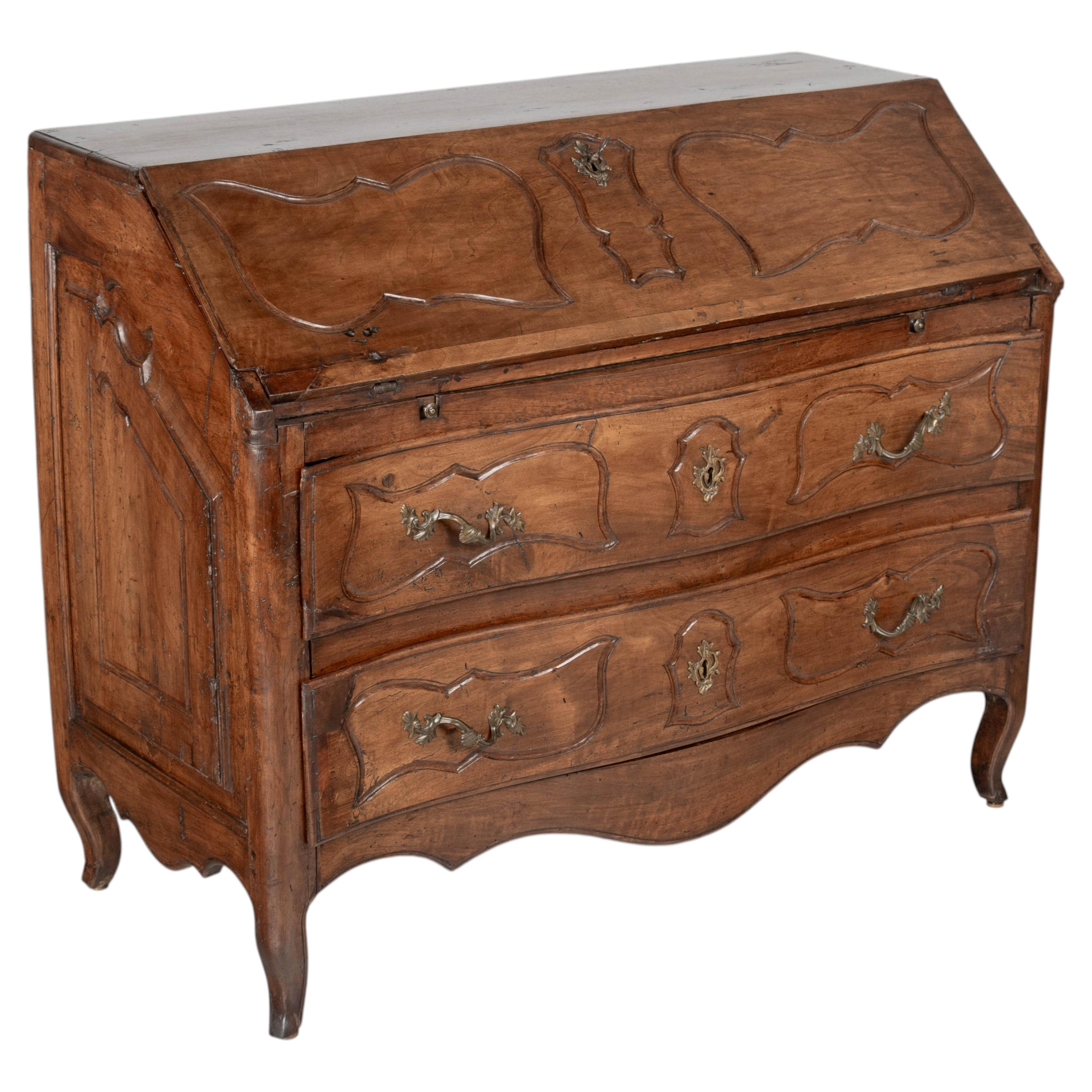 18th Century Louis XV Italian Slant Front Desk, Hand-Carved Walnut