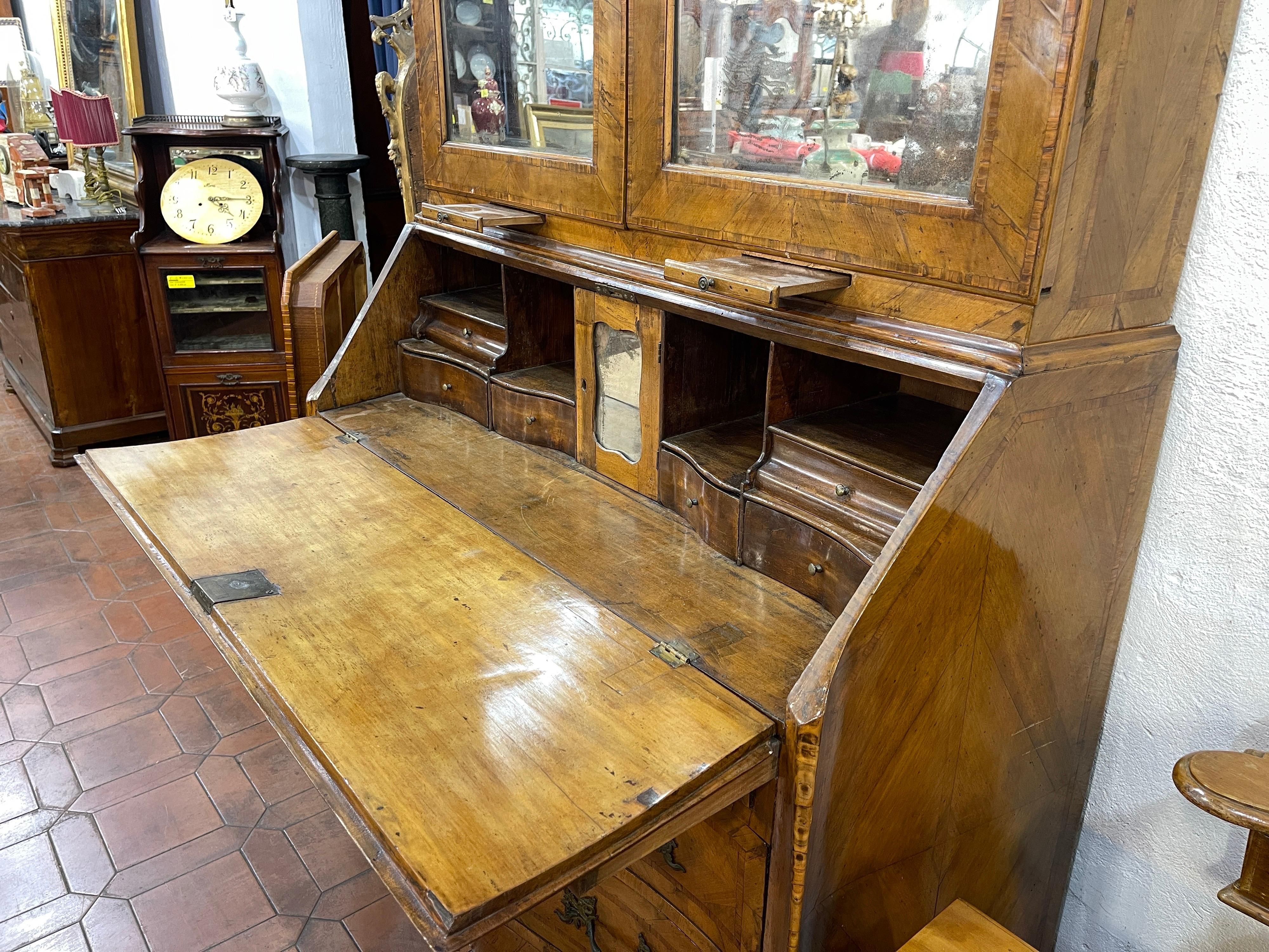 18th Century Louis XV Italian Walnut Cabinet Secretaire Bookcase 1750 1