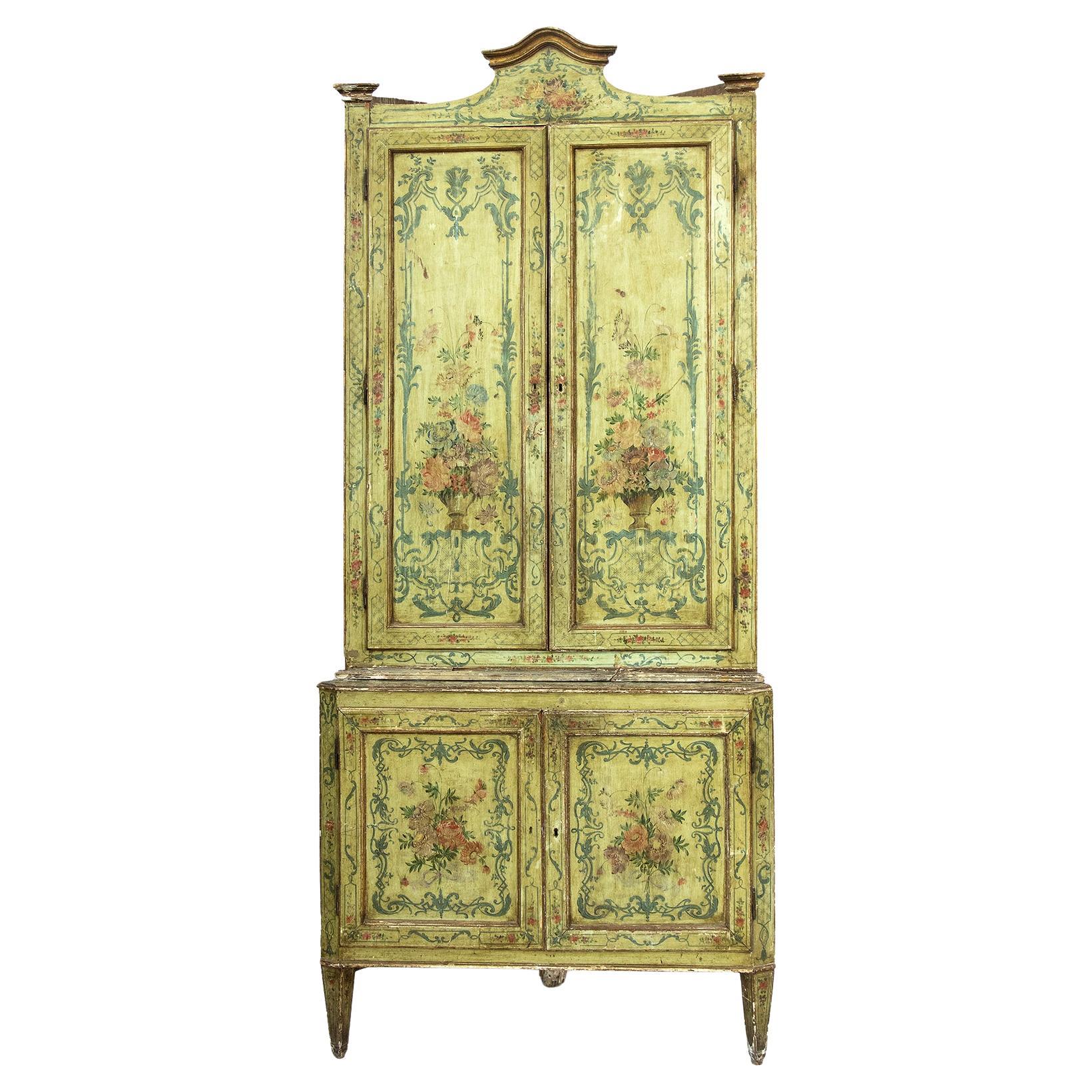 18th Century Louis XV Lacquered Painted Venetian Corner Cupboards  For Sale