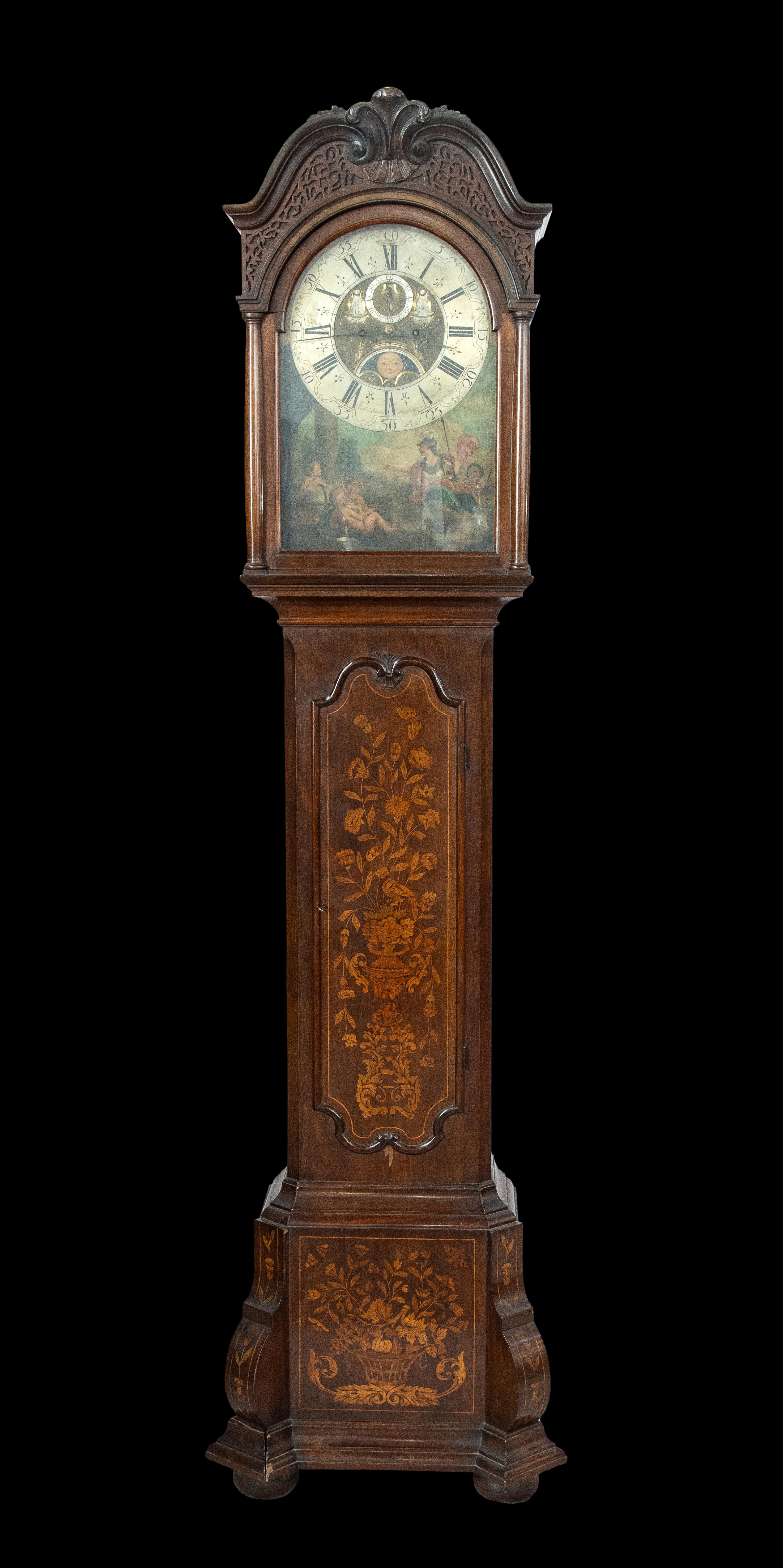 Dutch 18th Century Louis XV Mahogany Grandfather Clock signed Paulus Bramer 1750 For Sale