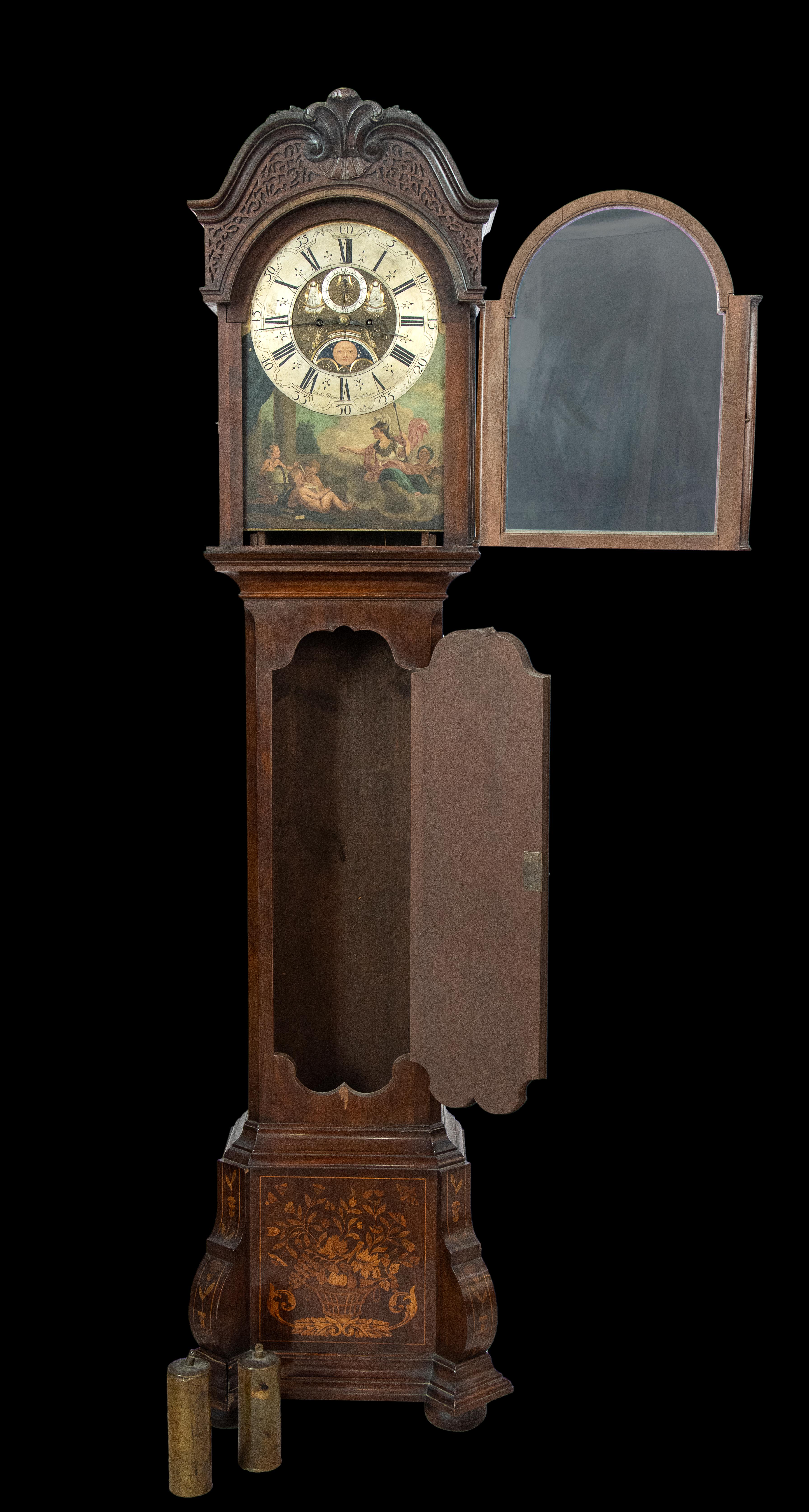 Marquetry 18th Century Louis XV Mahogany Grandfather Clock signed Paulus Bramer 1750 For Sale