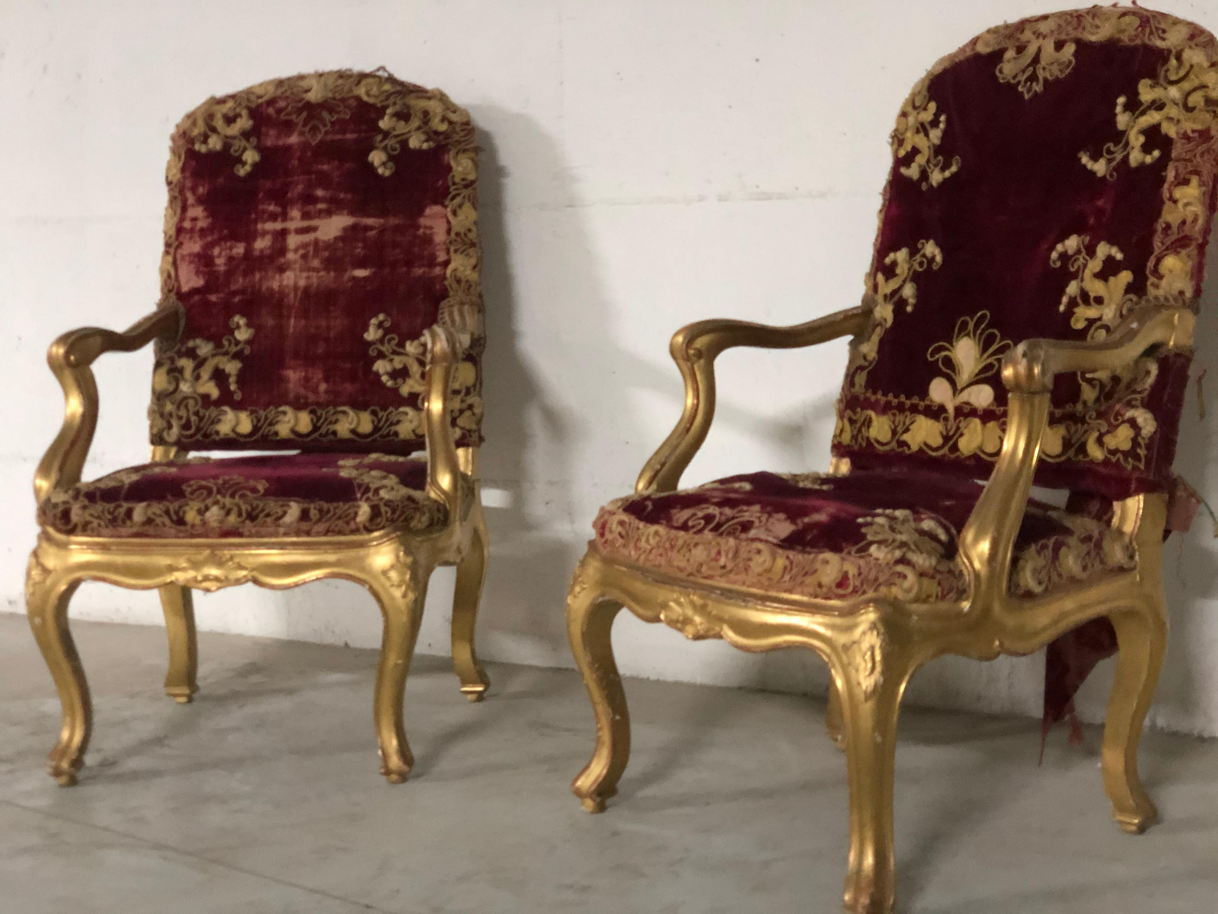 French 18th Century Louis XV Pair of France Wooden Gilt Armchair Original Red Gold For Sale