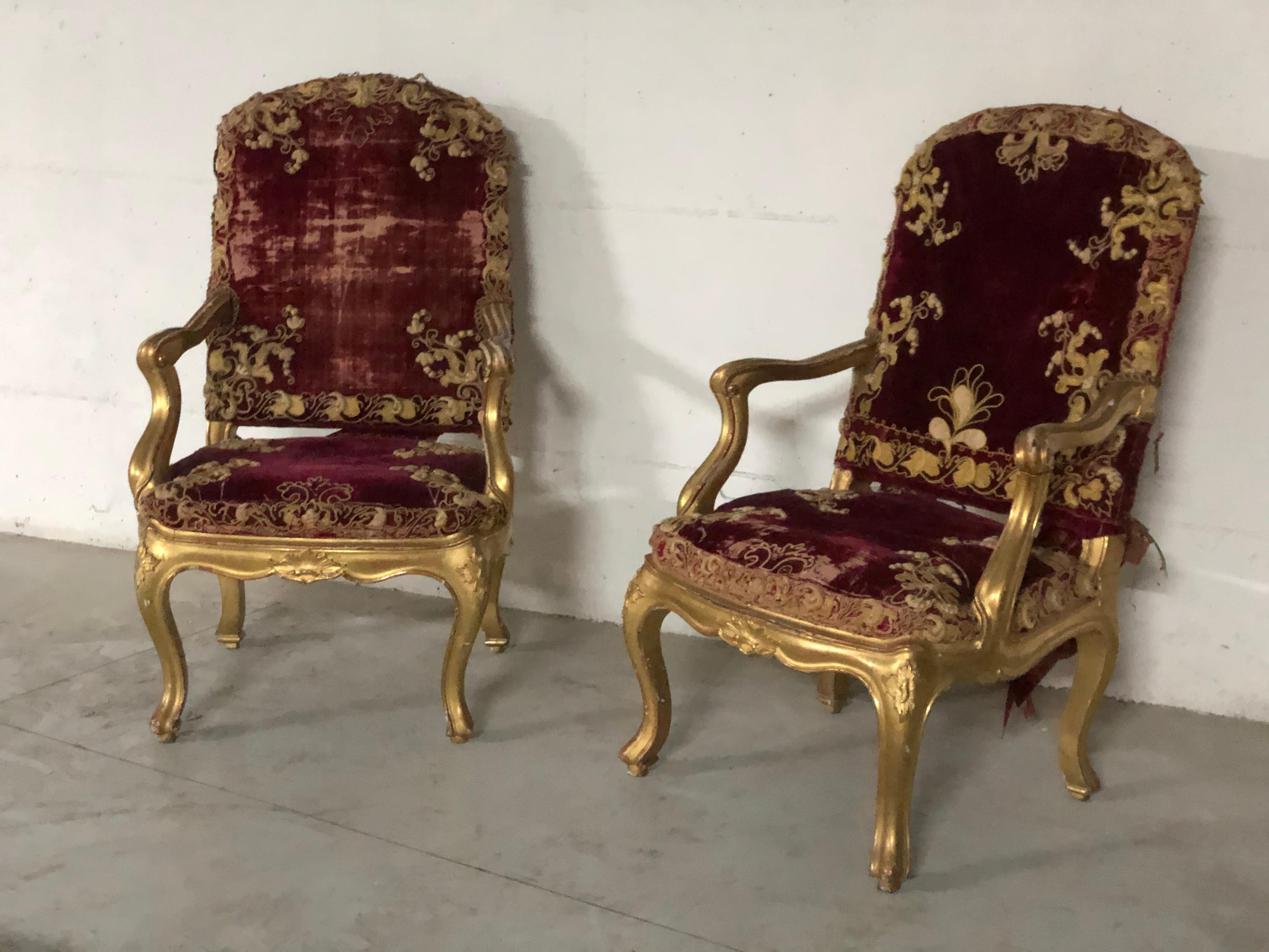 18th Century and Earlier 18th Century Louis XV Pair of France Wooden Gilt Armchair Original Red Gold For Sale
