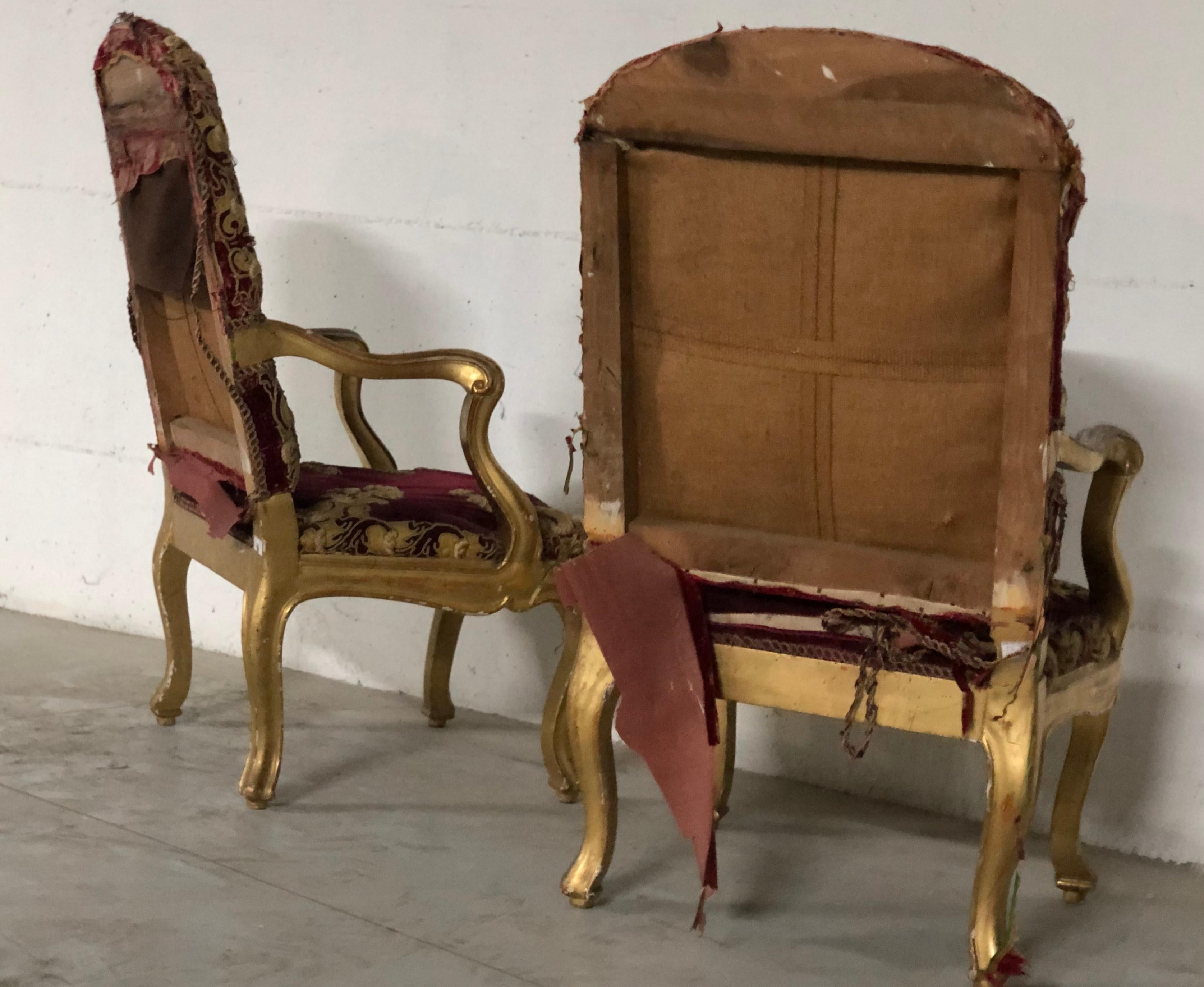 Giltwood 18th Century Louis XV Pair of France Wooden Gilt Armchair Original Red Gold For Sale