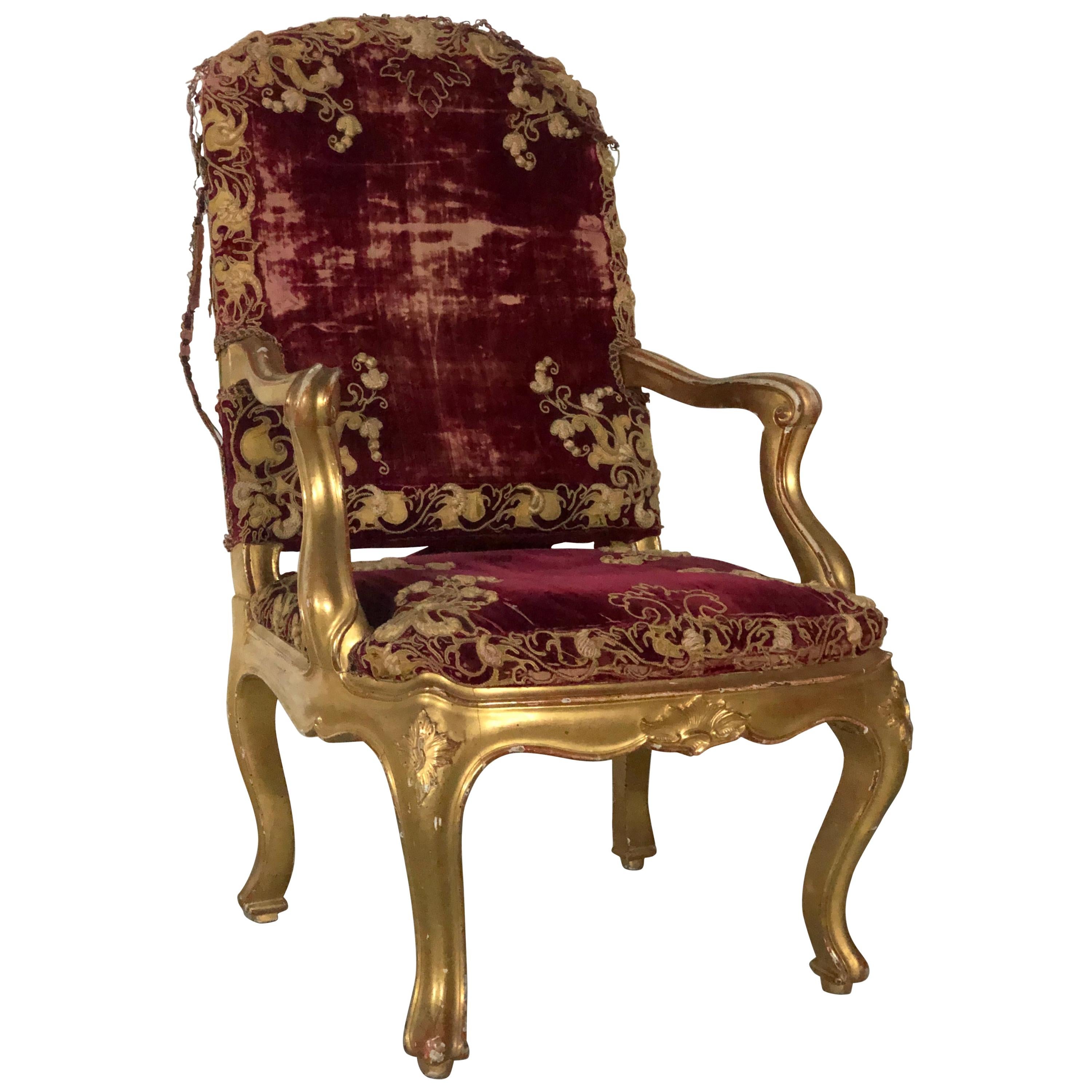 18th Century Louis XV Pair of France Wooden Gilt Armchair Original Red Gold For Sale