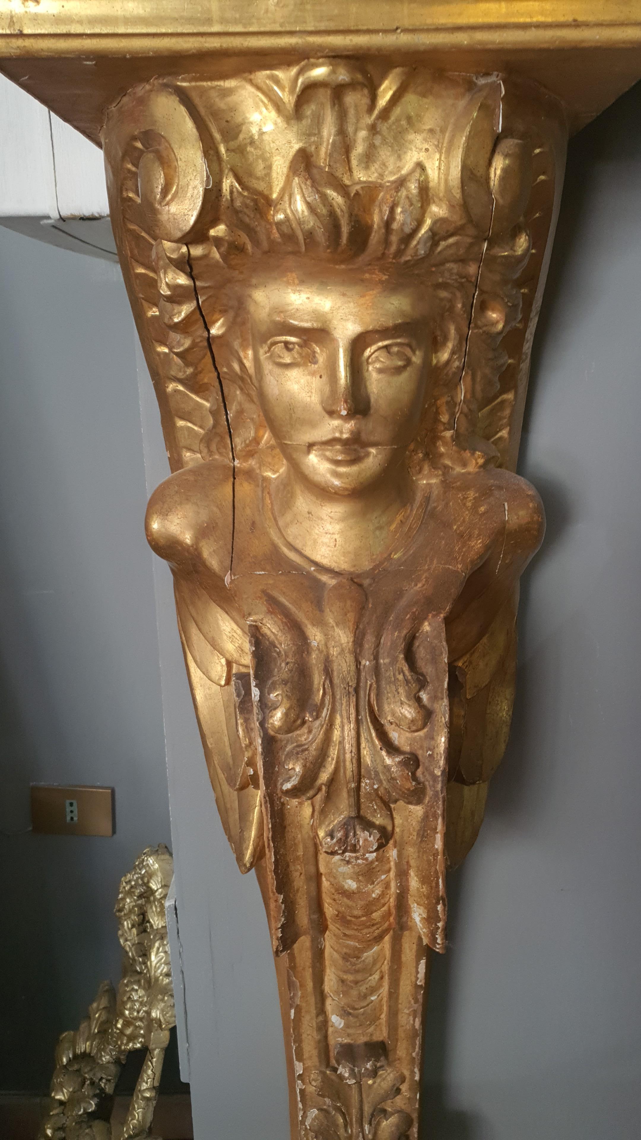 Gilt 18th Century Louis XV Pair of Pilasters in Gilded Wood Carved Caryatids For Sale