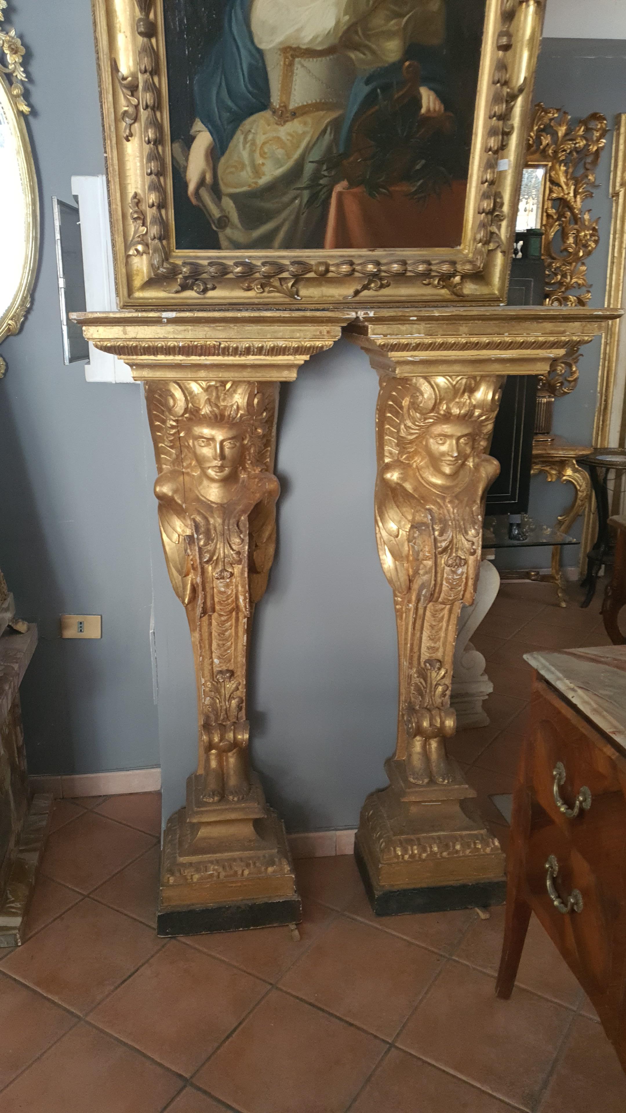 Gold Leaf 18th Century Louis XV Pair of Pilasters in Gilded Wood Carved Caryatids For Sale