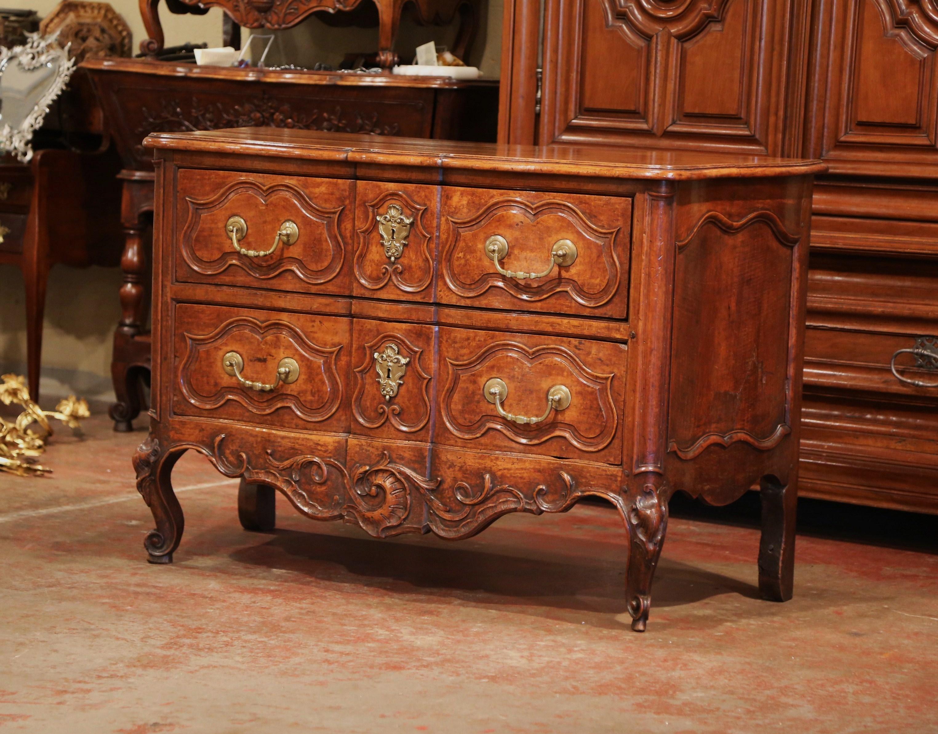 18th Century Louis XV Period Carved Walnut Two-Drawer Commode from Fourques In Excellent Condition In Dallas, TX