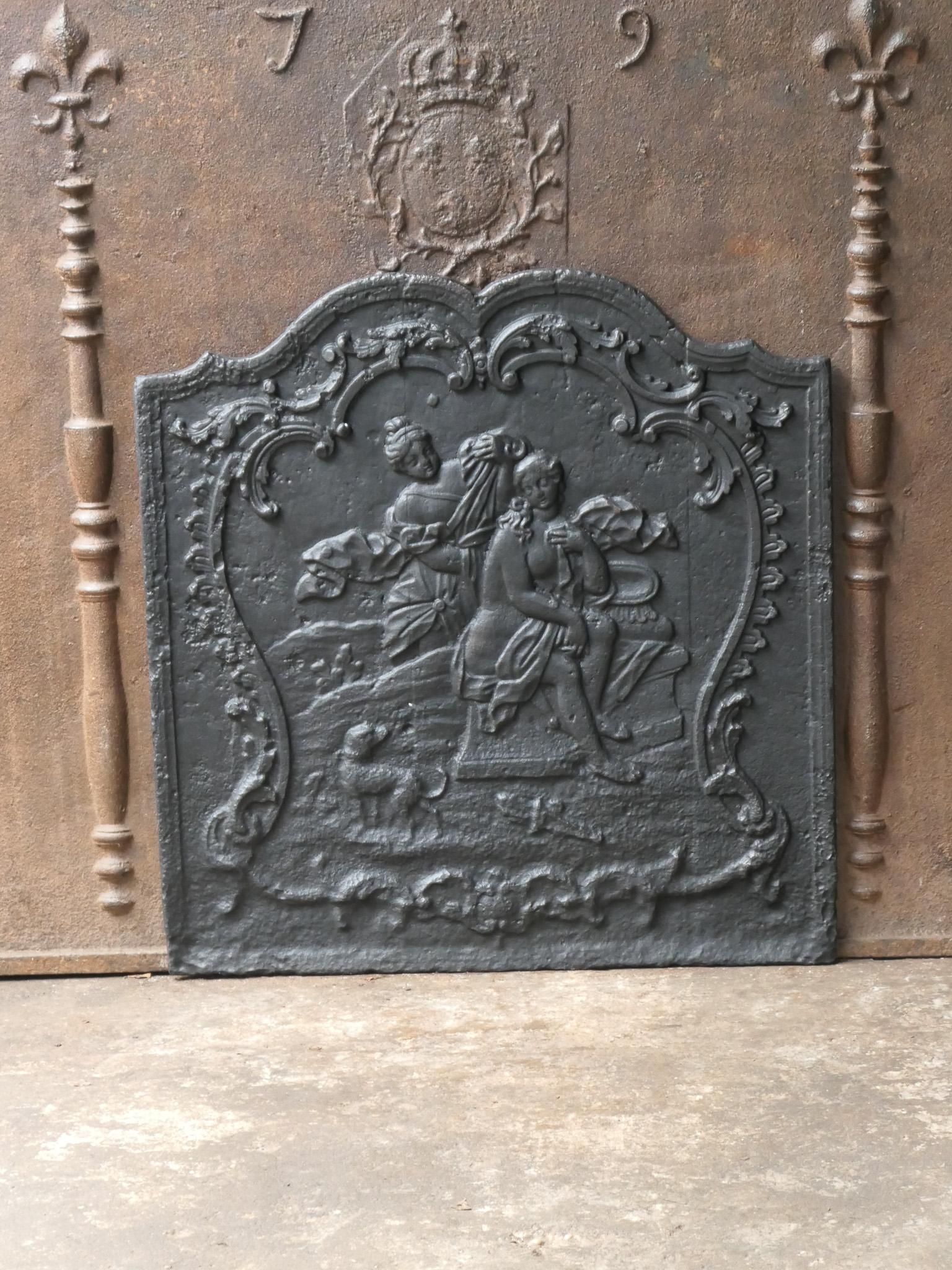 18th century French fireback with the Goddess Diana bathing.

Diana, Goddess of hunting, also protector of animals of the forest, especially the young animals. She experienced great pleasure in hunting, but took care that she did not kill more