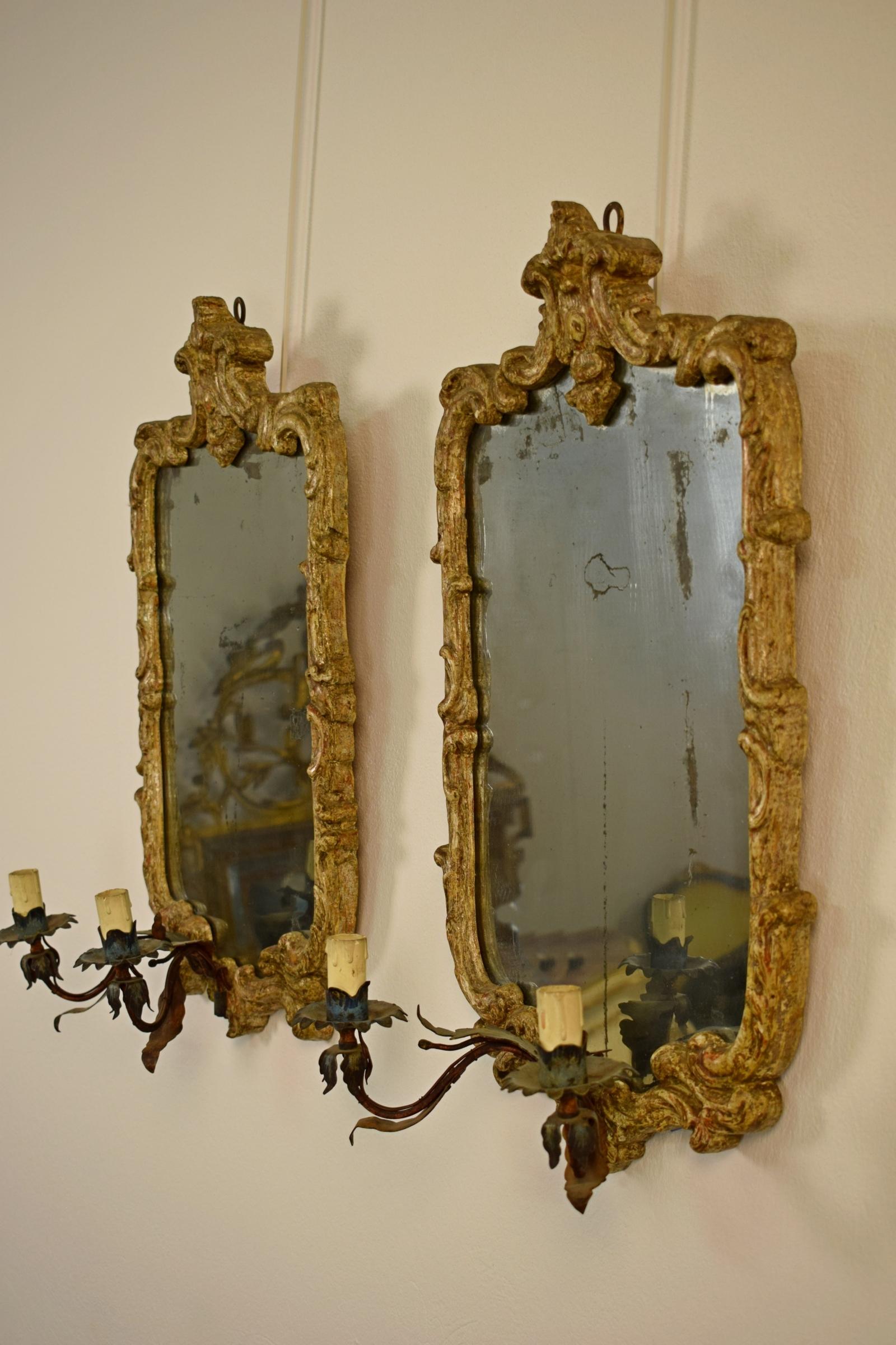 Italian 18th Century Louis XV Piedmont Carved Wood with Metal Arms Pair of Mirrors