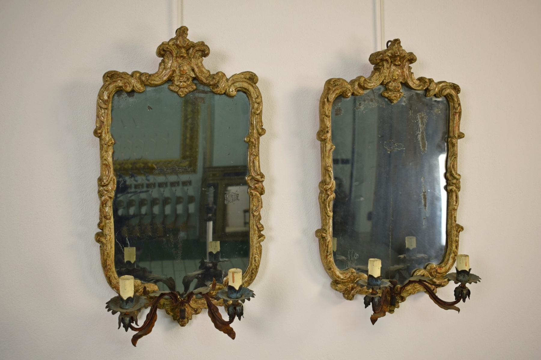 18th Century Louis XV Piedmont Carved Wood with Metal Arms Pair of Mirrors 1