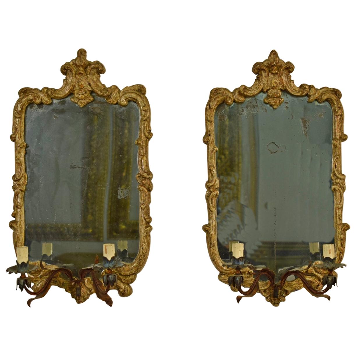 18th Century Louis XV Piedmont Carved Wood with Metal Arms Pair of Mirrors