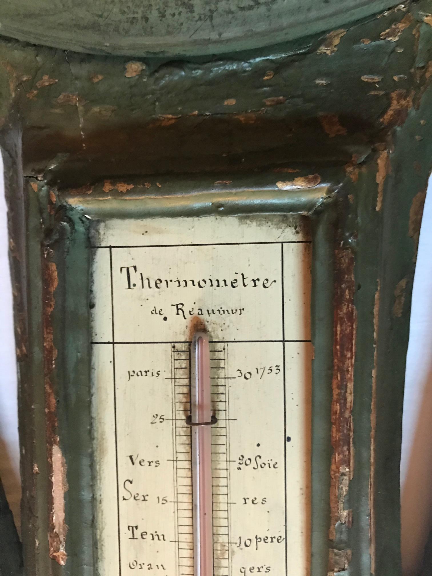 Polychromed 18th Century Louis XV Polychrome Painted Barometer and Reaumur Thermometer
