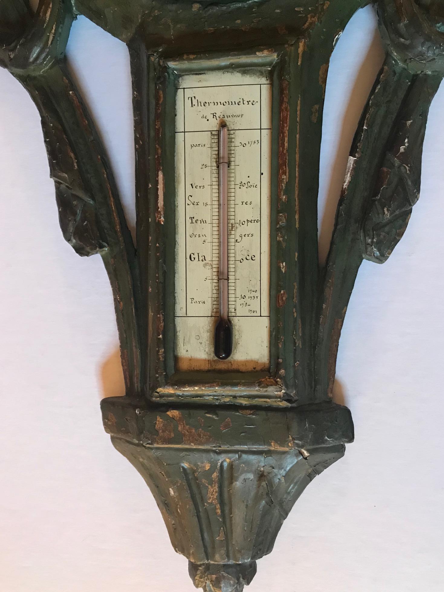 18th Century Louis XV Polychrome Painted Barometer and Reaumur Thermometer In Fair Condition In Vero Beach, FL