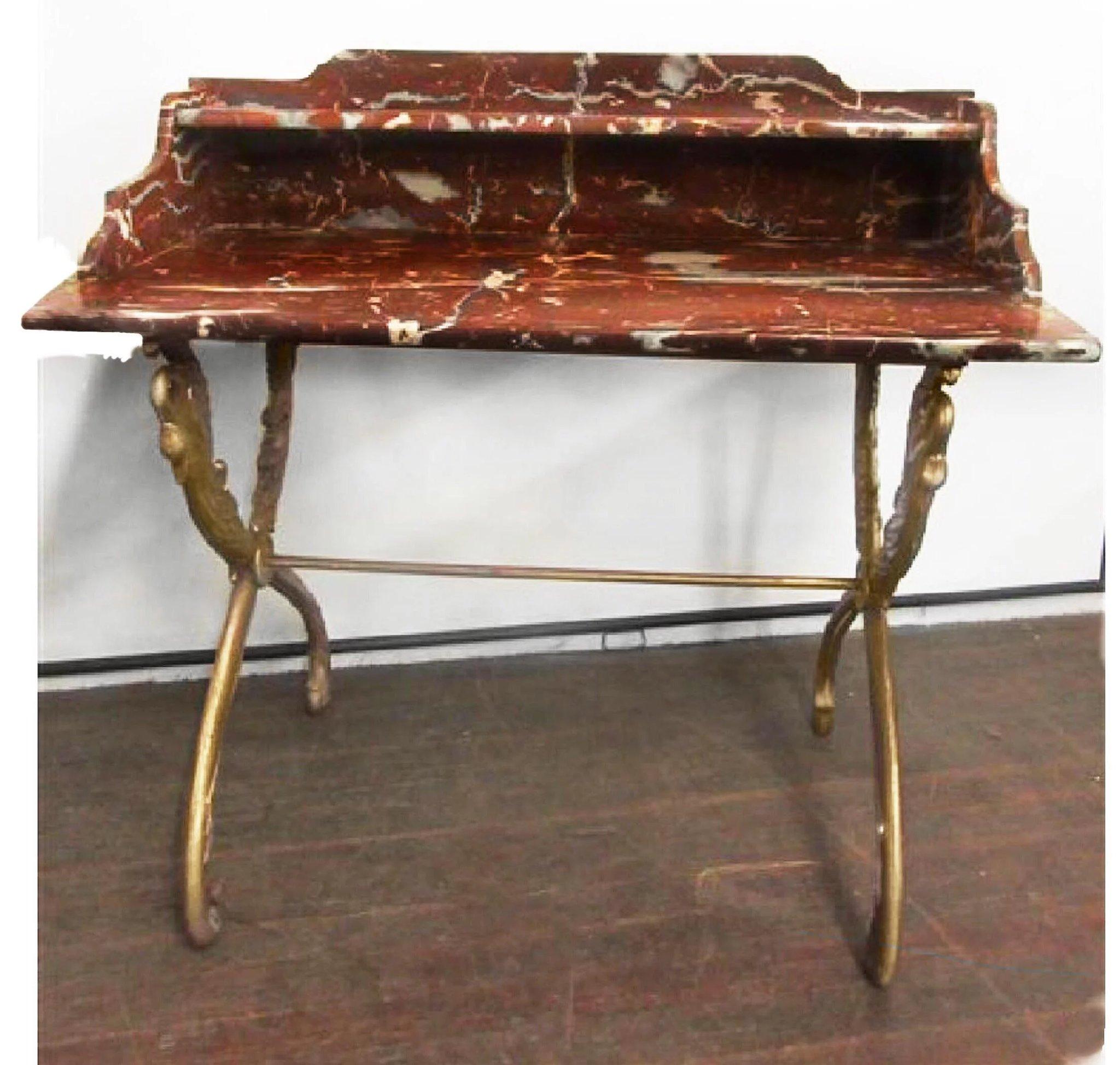 This 18th-century French marble top table would be among the world's most lux desks, vanities or serving tables. Deep 'rouge de rance' marble top, a la Versailles, sculpted and burnished with care, is the real star of the show. Breathtaking marbling