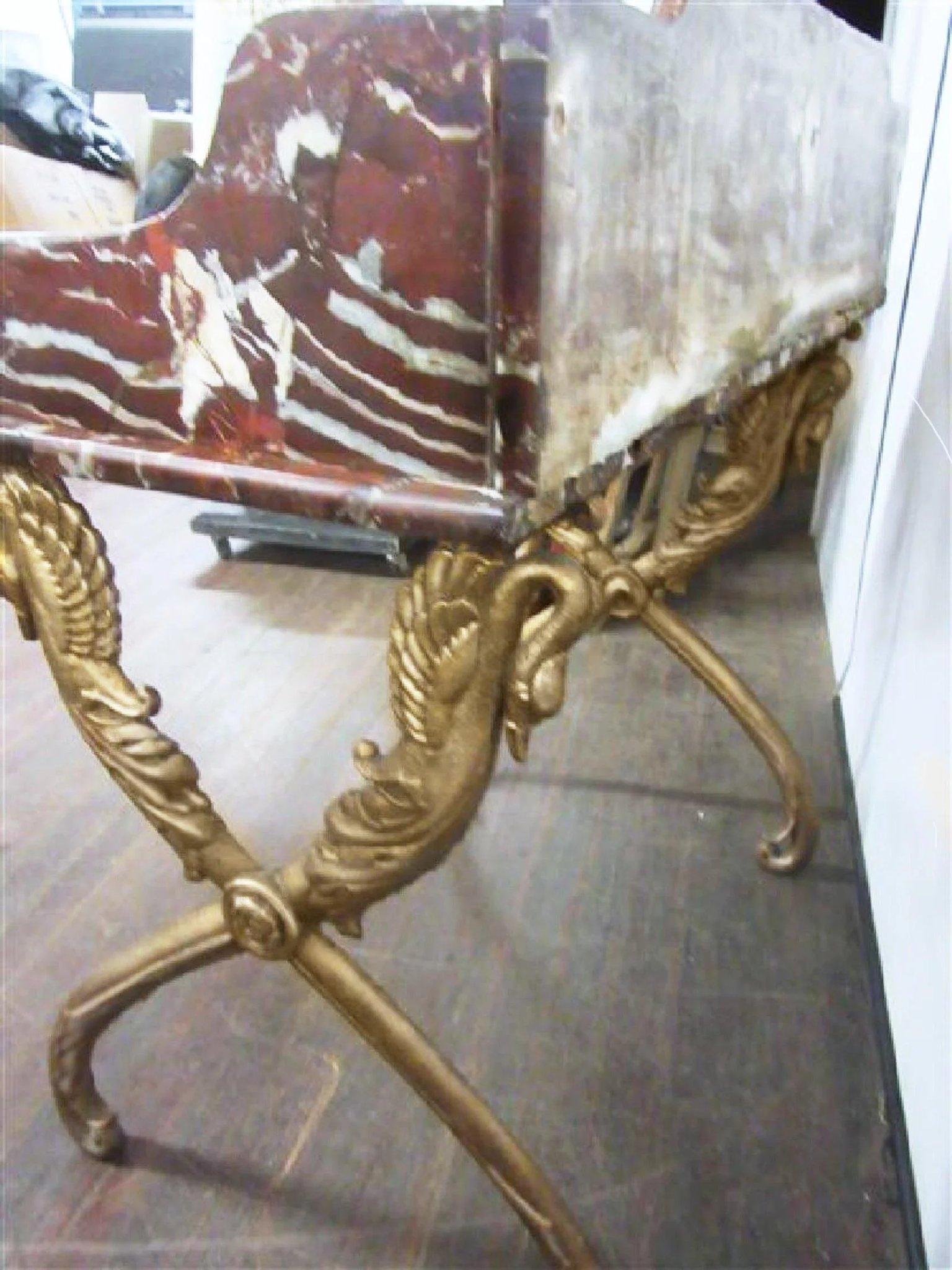 18th-century, Louis XV Rance Red Carved Marble & Gilded Iron Swan-legged Table In Distressed Condition In Brooklyn, NY