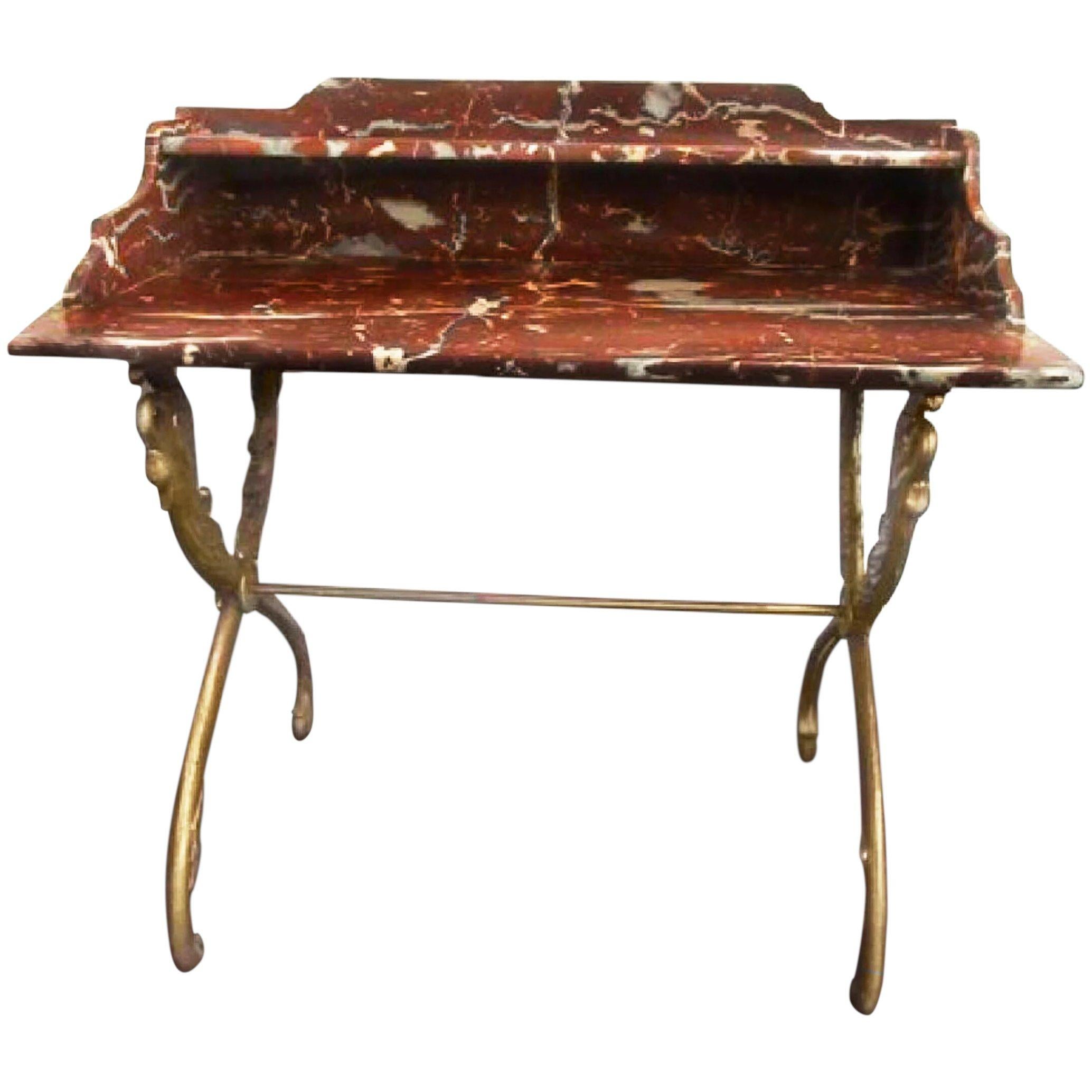 18th-century, Louis XV Rance Red Carved Marble & Gilded Iron Swan-legged Table