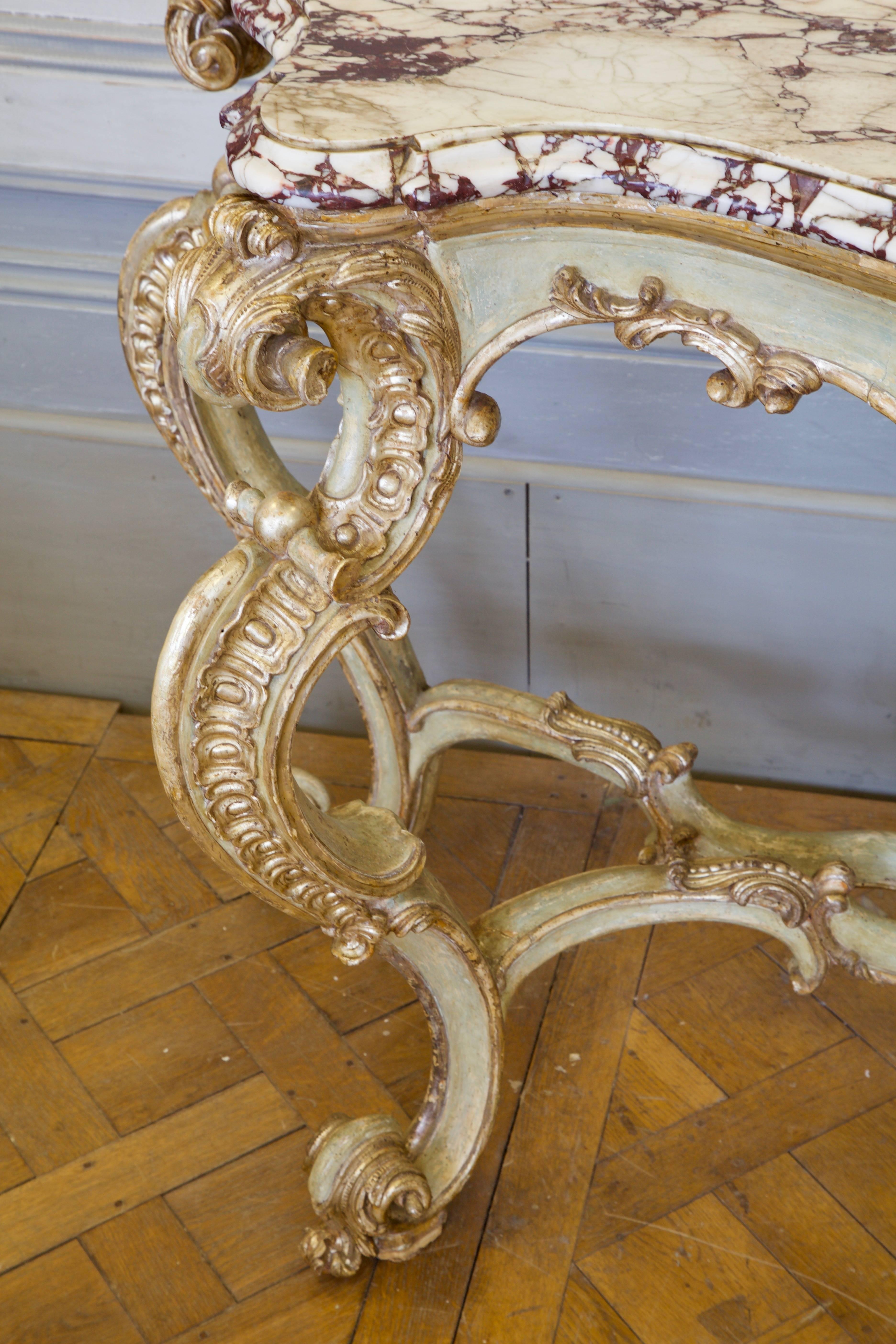 Hand-Carved 18th Century Louis XV Silver Gilded and Painted Console For Sale